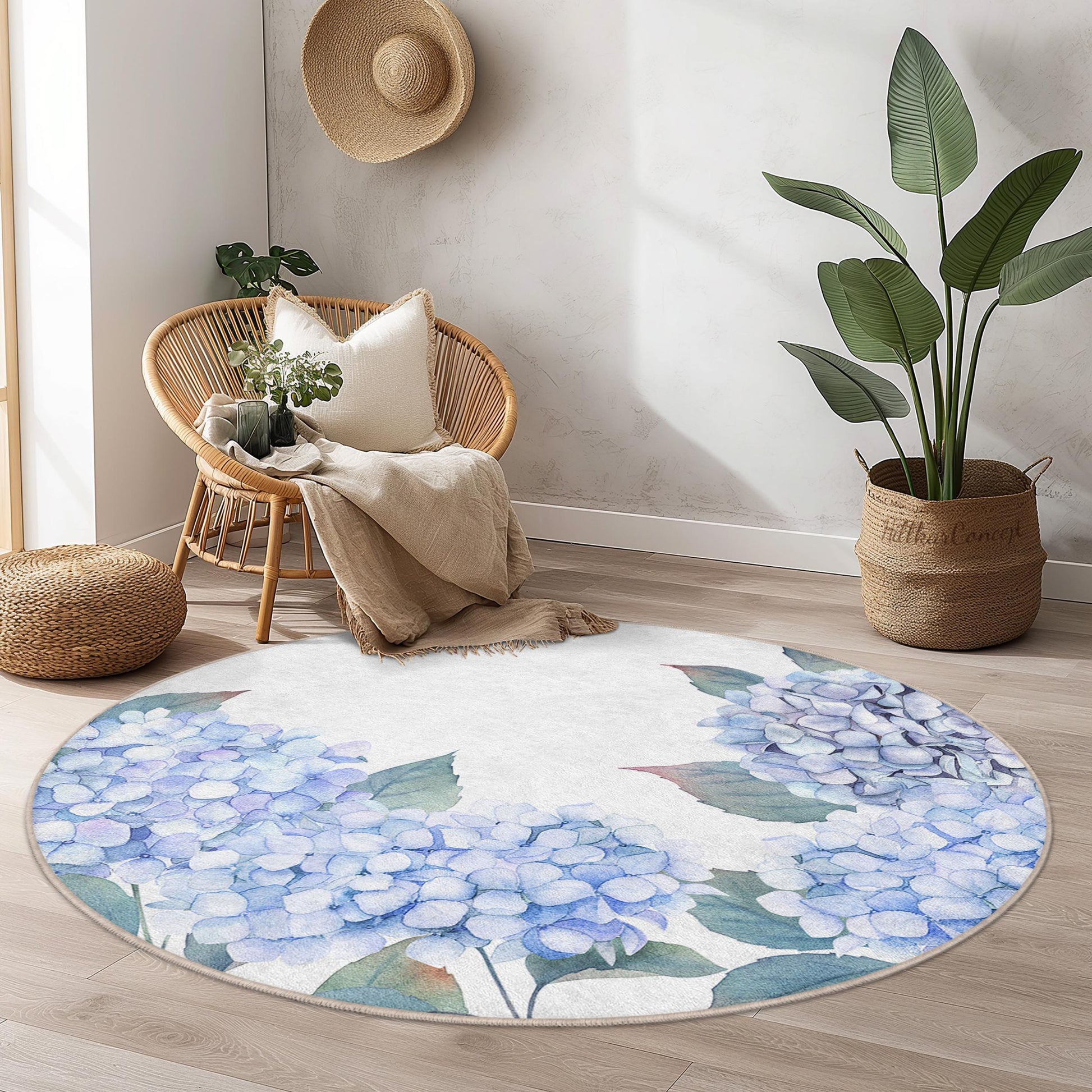 Hydrangea Floral Round Area Rug, Botanical Round Carpet, Flower Pattern Living Room Rug, Decorative Round Rug for Home