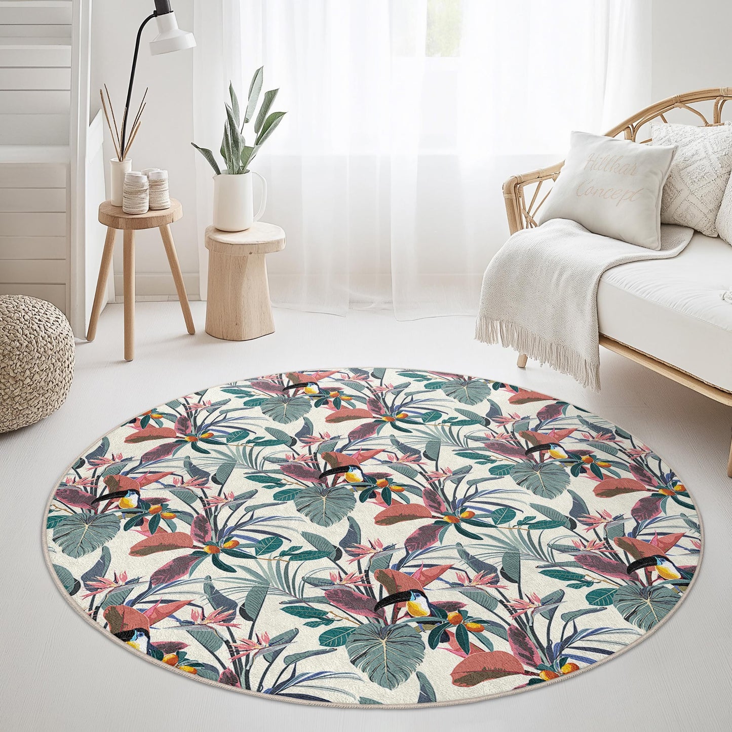 Tropical Floral Round Area Rug, Bohemian Style Round Carpet, Indoor Decorative Rug, Living Room Rug, Soft Floral Floor Mat