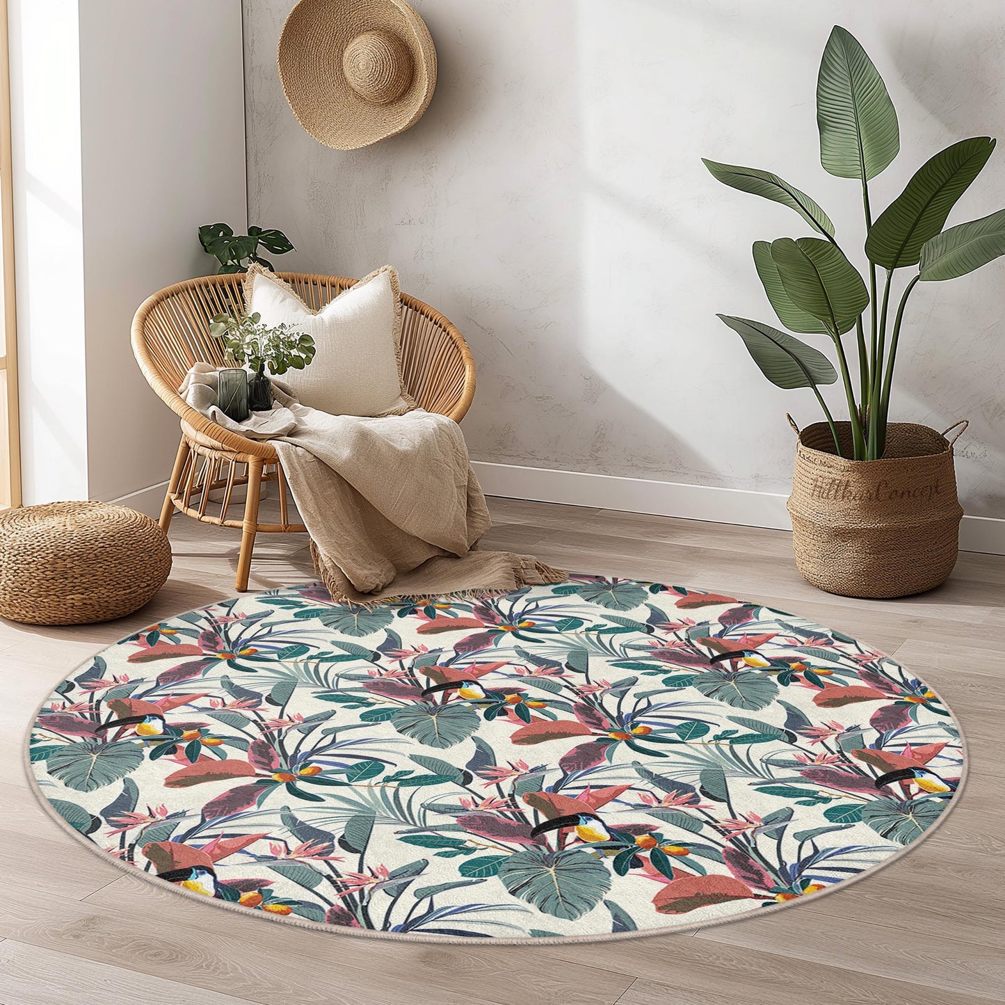 Tropical Floral Round Area Rug, Bohemian Style Round Carpet, Indoor Decorative Rug, Living Room Rug, Soft Floral Floor Mat