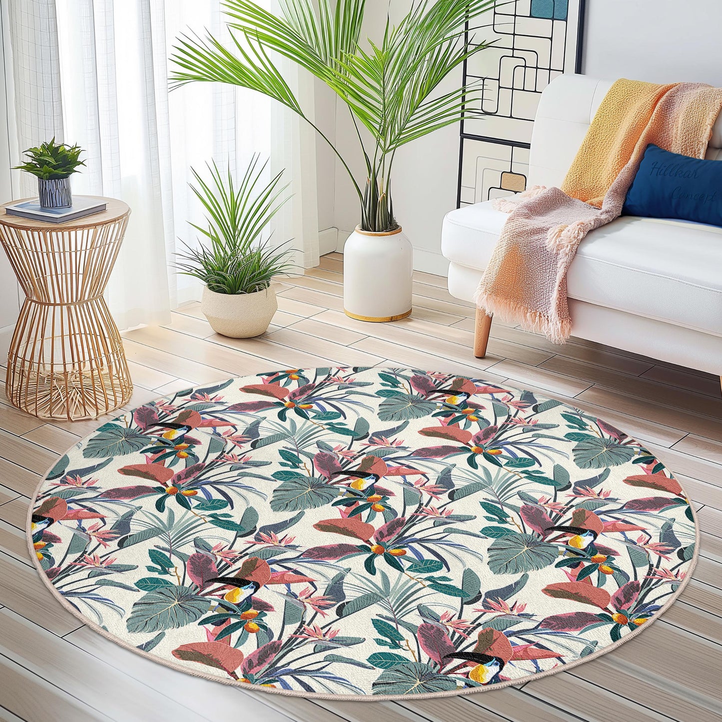Tropical Floral Round Area Rug, Bohemian Style Round Carpet, Indoor Decorative Rug, Living Room Rug, Soft Floral Floor Mat