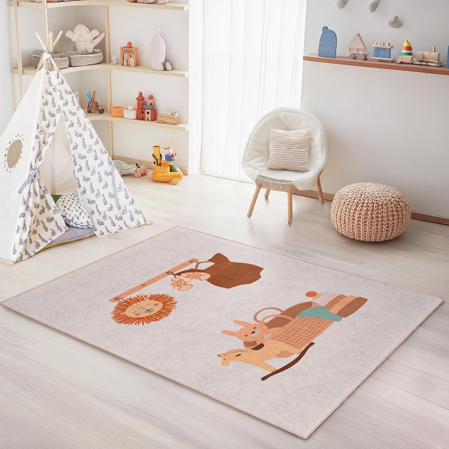 Whimsical Animal Pattern Rectangular Kids Rug, Playroom Carpet, Nursery Area Rug, Adorable Kids Room Decor, Soft Play Mat