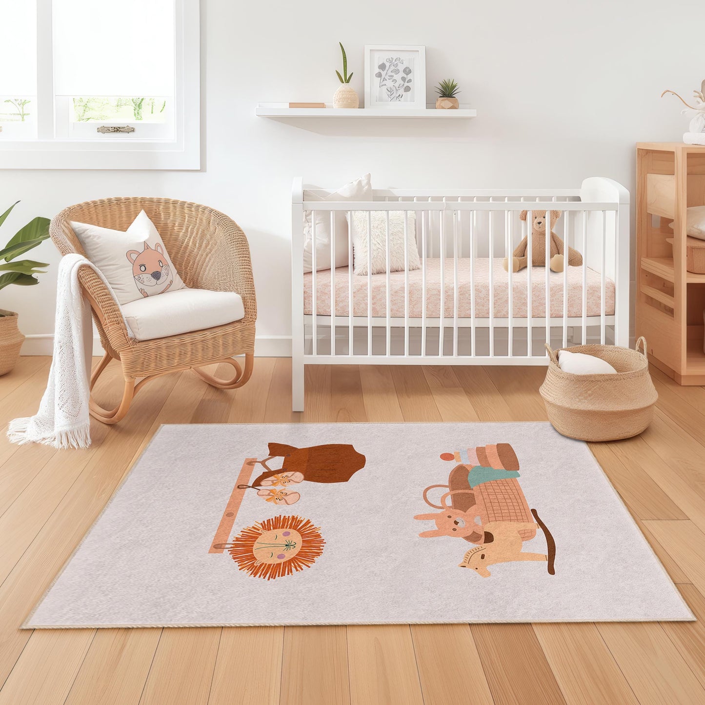 Whimsical Animal Pattern Rectangular Kids Rug, Playroom Carpet, Nursery Area Rug, Adorable Kids Room Decor, Soft Play Mat