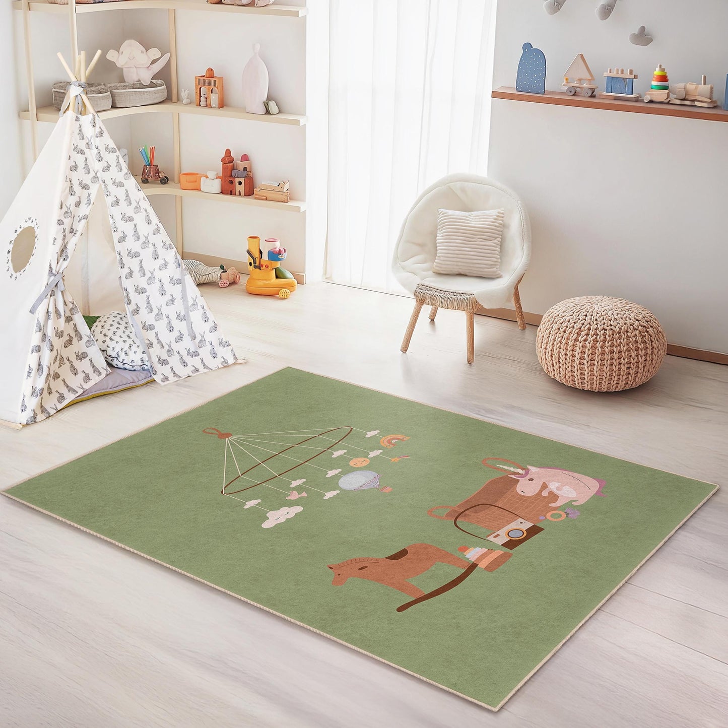 Whimsical Cloud and Toy Mobile Design Kids Rug, Rectangle Nursery Carpet, Soft Play Mat for Childrens Room Decor