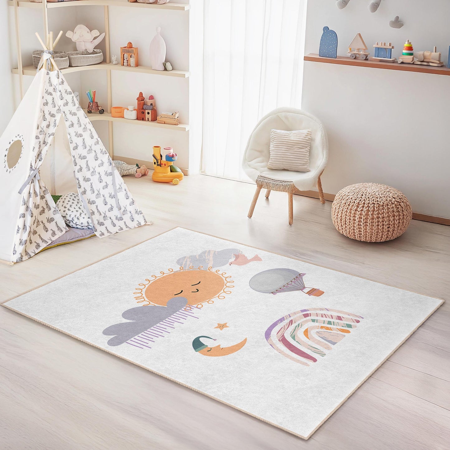 Whimsical Sun and Clouds Kids Rug, Rainbow Theme Rectangle Carpet, Playroom Decor, Nursery Rug, Soft Playmat for Children