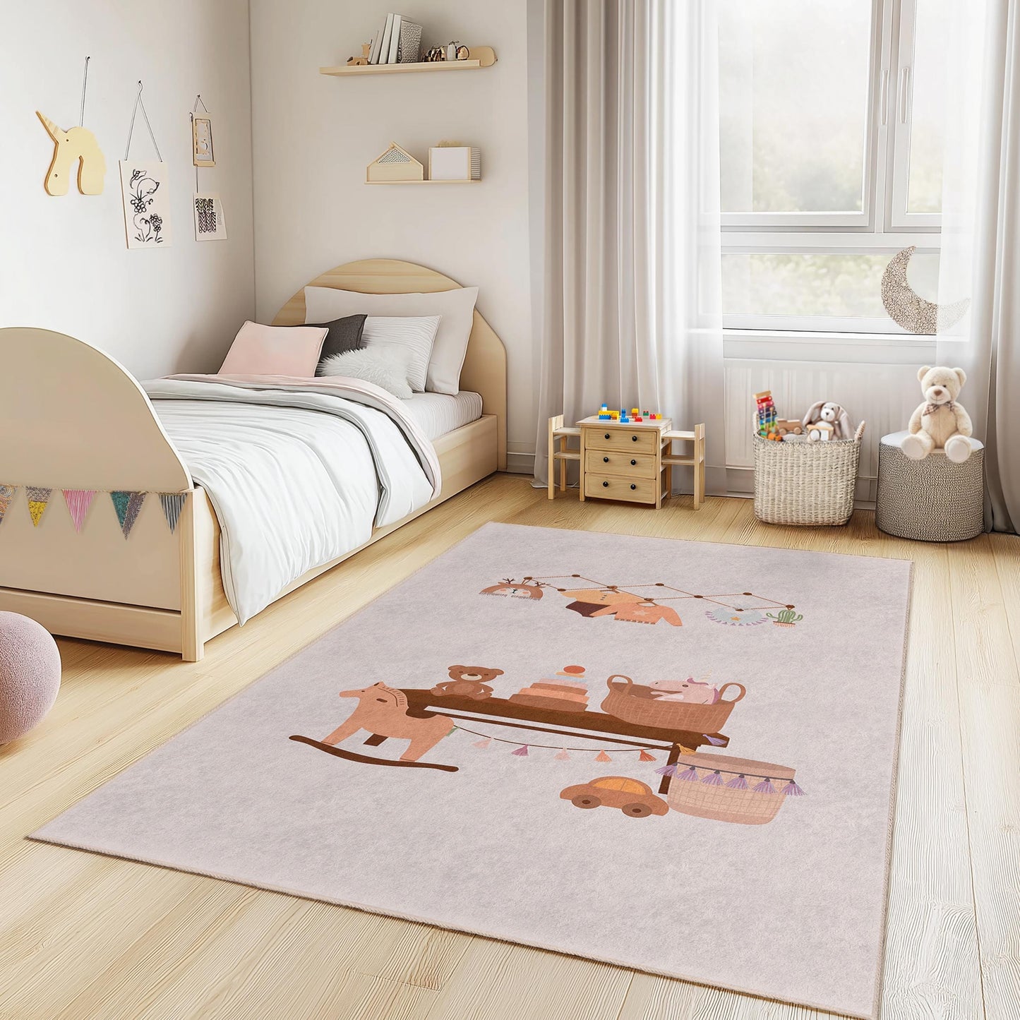 Cute Pastel Nursery Decor Rug, Adorable Kids Room Carpet, Rectangle Play Mat, Soft Baby Room Rug, Interactive Toddler Rug