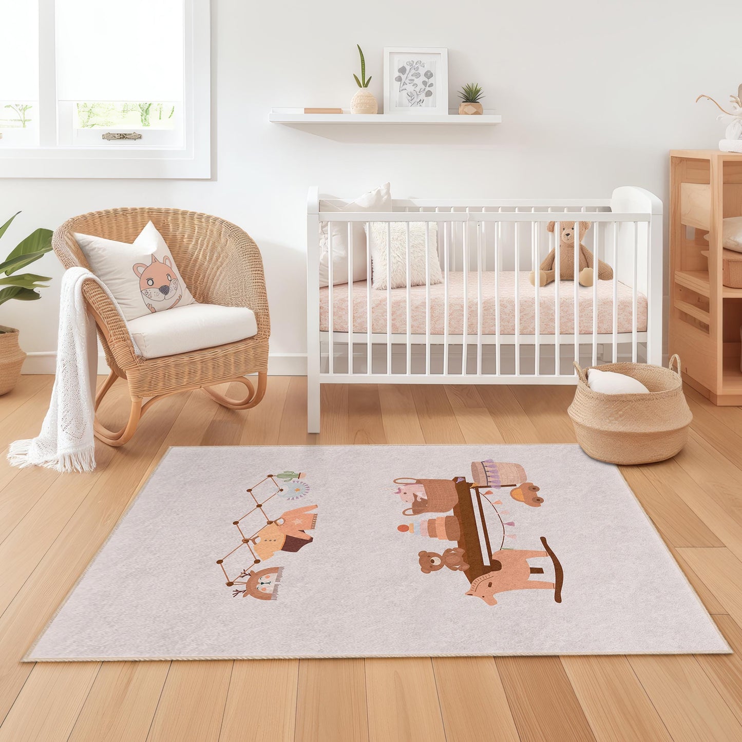 Cute Pastel Nursery Decor Rug, Adorable Kids Room Carpet, Rectangle Play Mat, Soft Baby Room Rug, Interactive Toddler Rug
