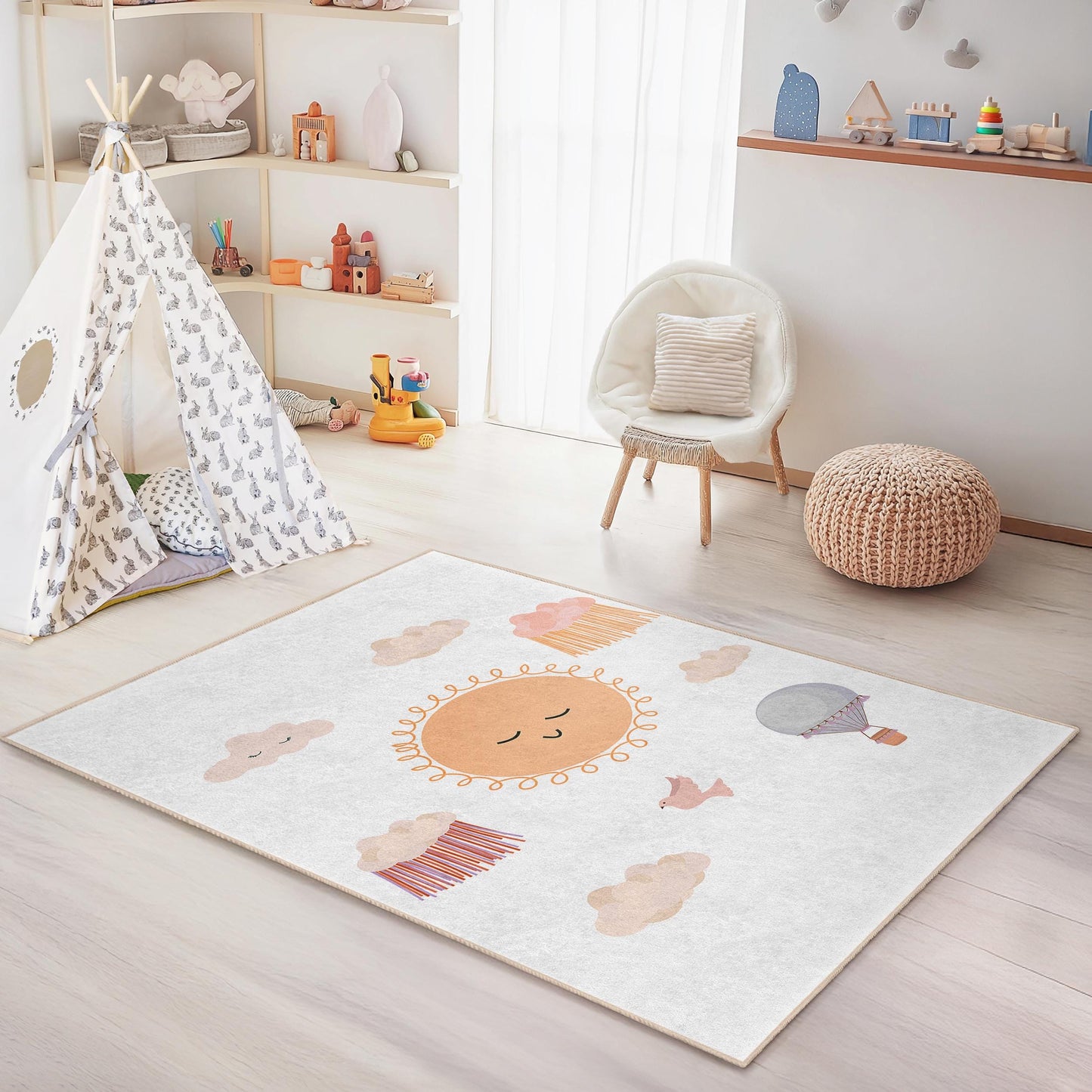 Sunny Smiles Cloudy Dreams Rectangular Kids Rug, Cute Sun and Cloud Design Rug, Playroom Decor, Nursery Area Rug