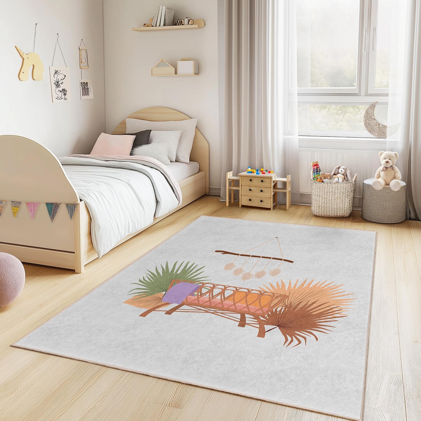 Boho Chic Rectangular Kids Room Rug, Soft Nursery Carpet, Playful Decor for Children's Room, Cozy Bedroom Rug, Non-Slip Mat