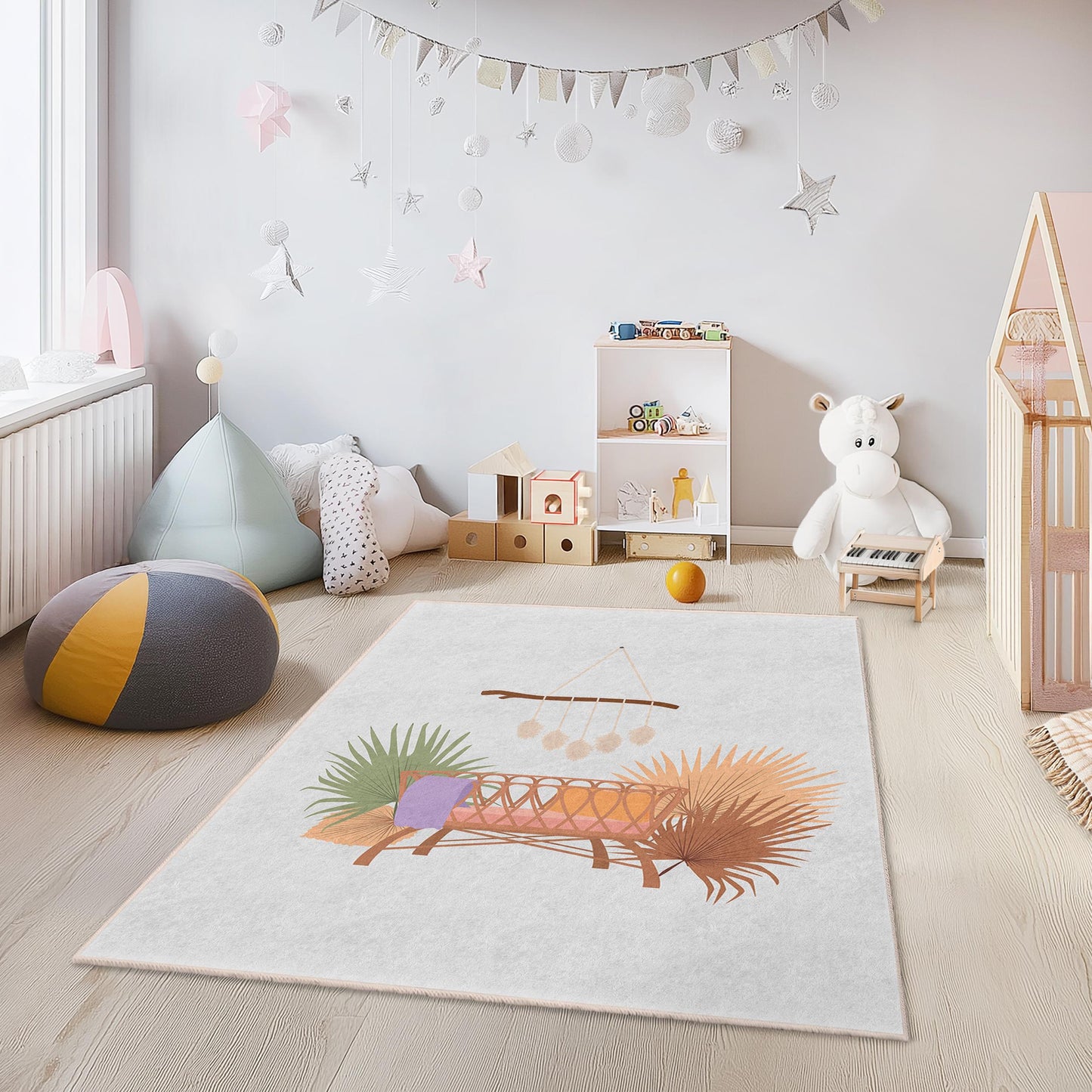 Boho Chic Rectangular Kids Room Rug, Soft Nursery Carpet, Playful Decor for Children's Room, Cozy Bedroom Rug, Non-Slip Mat