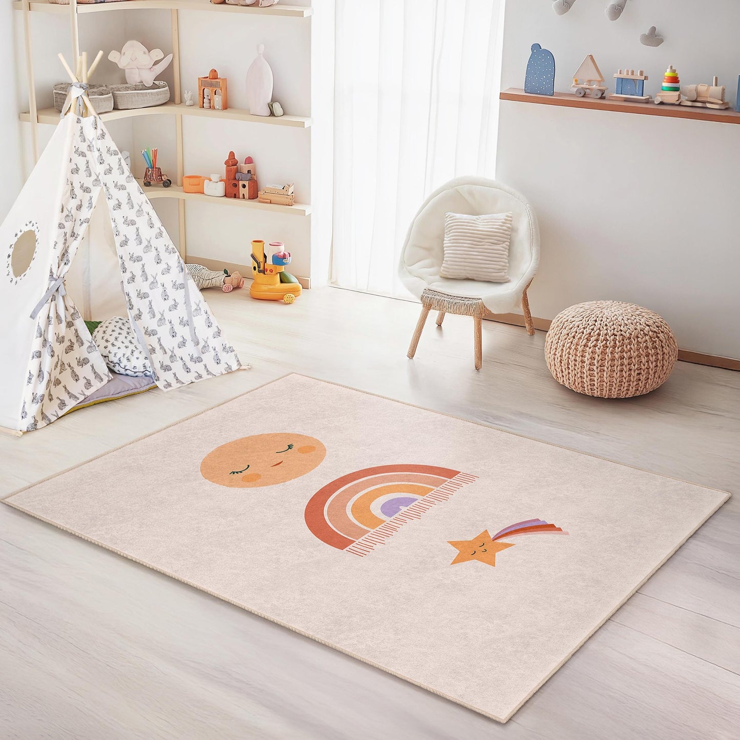 Cute Rainbow and Star Kids Rug, Colorful Nursery Decor, Rectangular Playroom Carpet, Baby Room Area Rug, Soft Childrens Mat