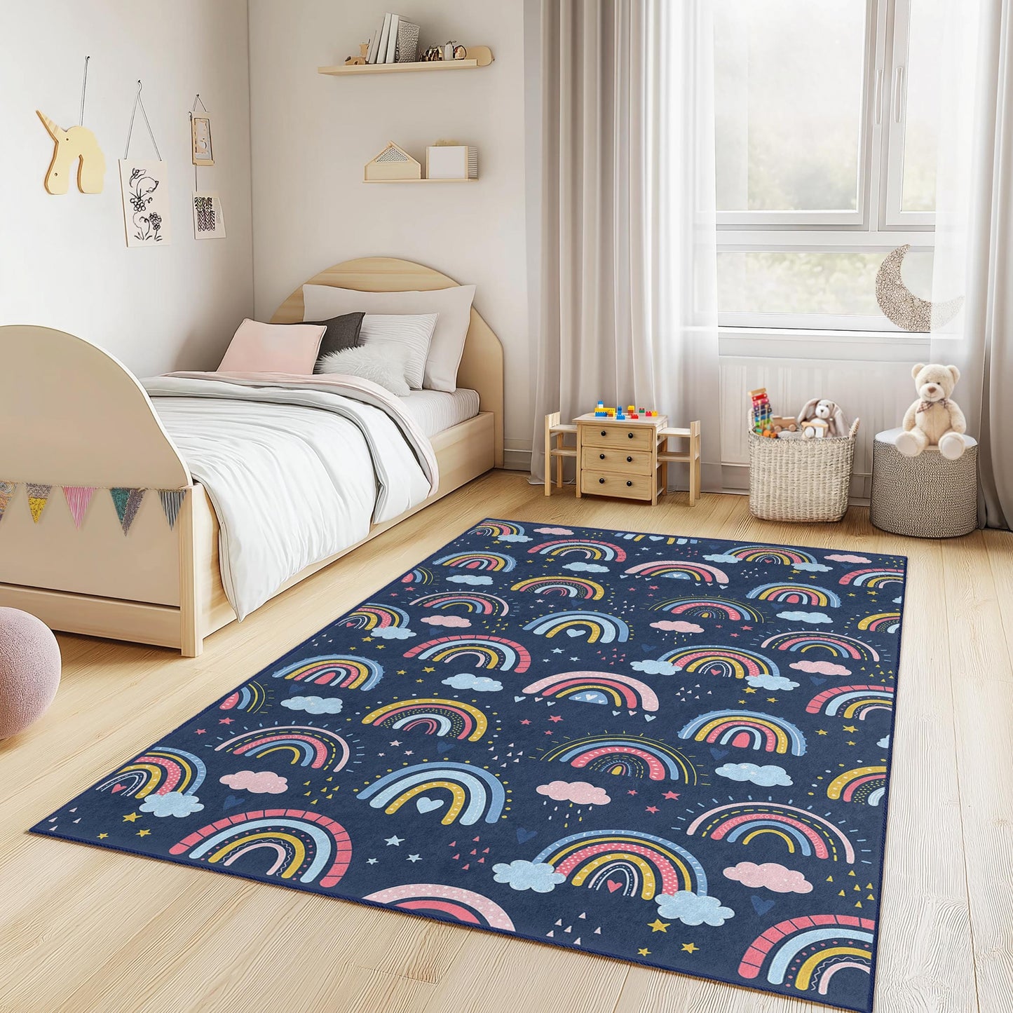 Rainbow Dreams Soft Rectangular Kids Rug, Colorful Rainbow Carpet, Playroom Decor, Nursery Rug, Kids Bedroom Rug