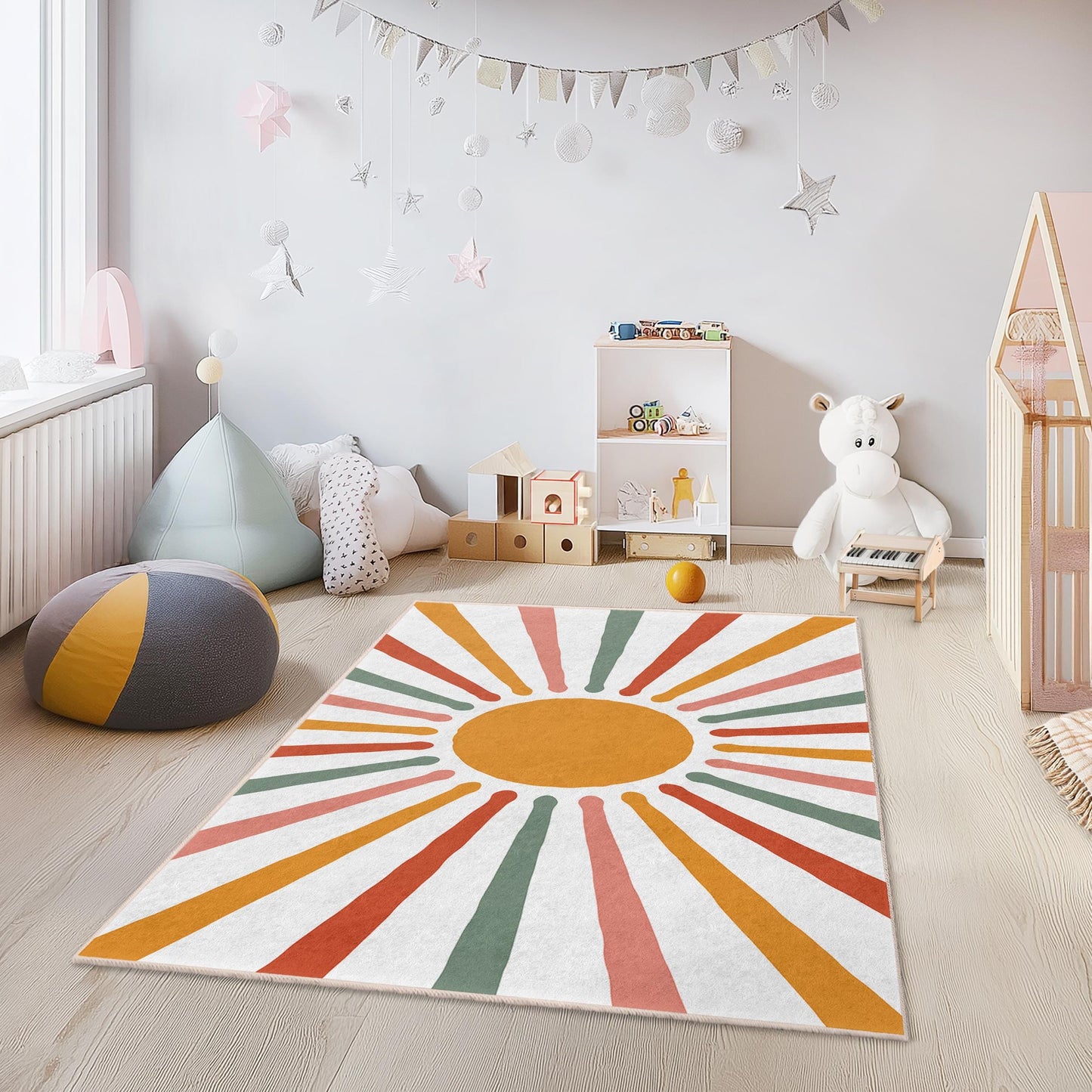 Sunshine Burst Colorful Kids Rectangular Rug, Kids Room Carpet, Playroom Decor, Bright Nursery Rug, Fun and Playful Mat