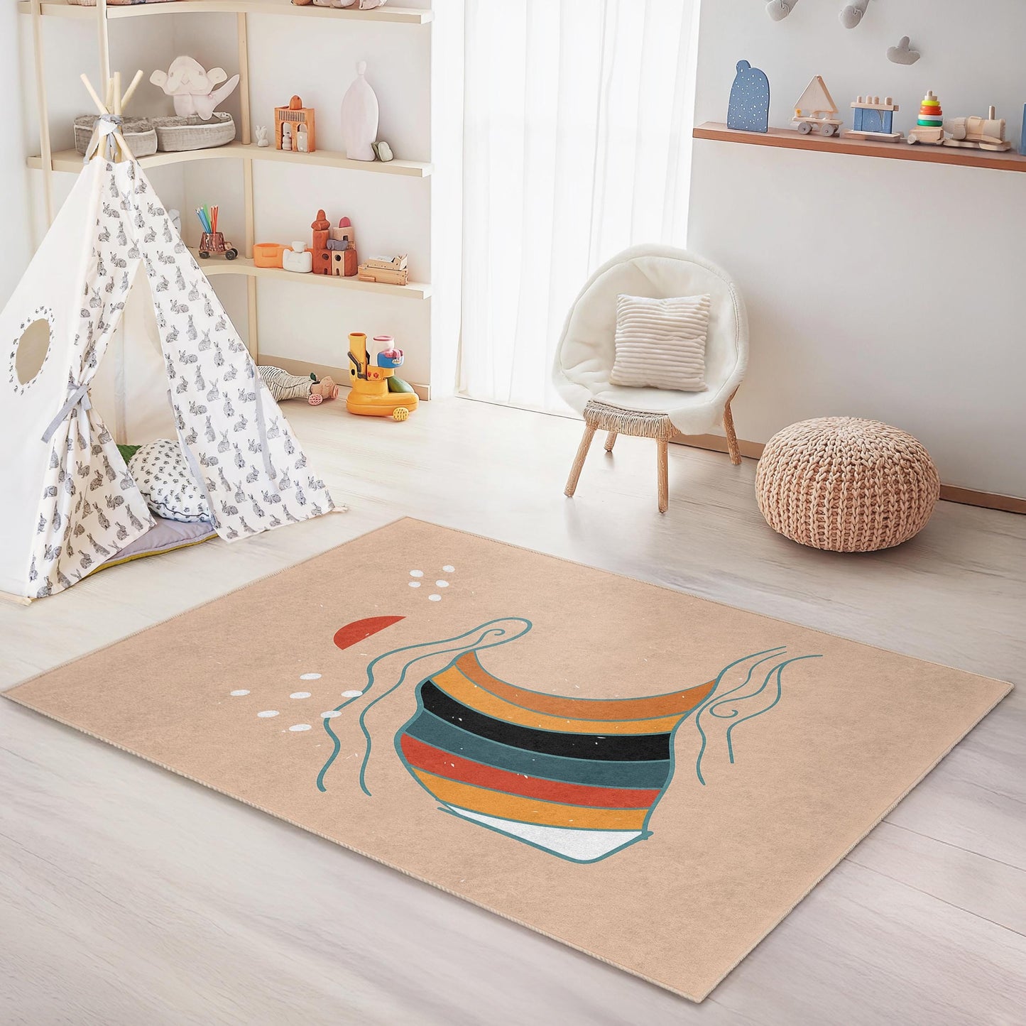 Colorful Wave Pattern Rectangular Kids Rug, Beach Themed Decor, Soft Playroom Carpet, Surfer Room Rug, Ocean Inspired Mat