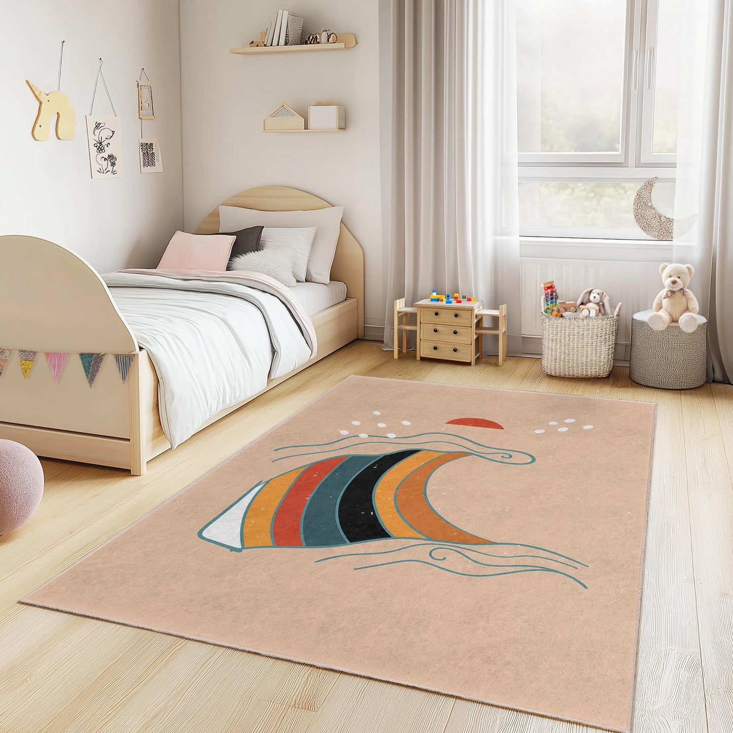 Colorful Wave Pattern Rectangular Kids Rug, Beach Themed Decor, Soft Playroom Carpet, Surfer Room Rug, Ocean Inspired Mat