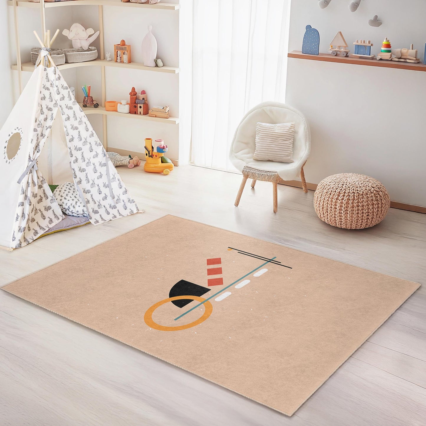Geometric Shapes Playful Kids Rug, Rectangle Kids Room Carpet, Modern Design Playmat, Colorful Nursery Dcor, Soft Children's Rug
