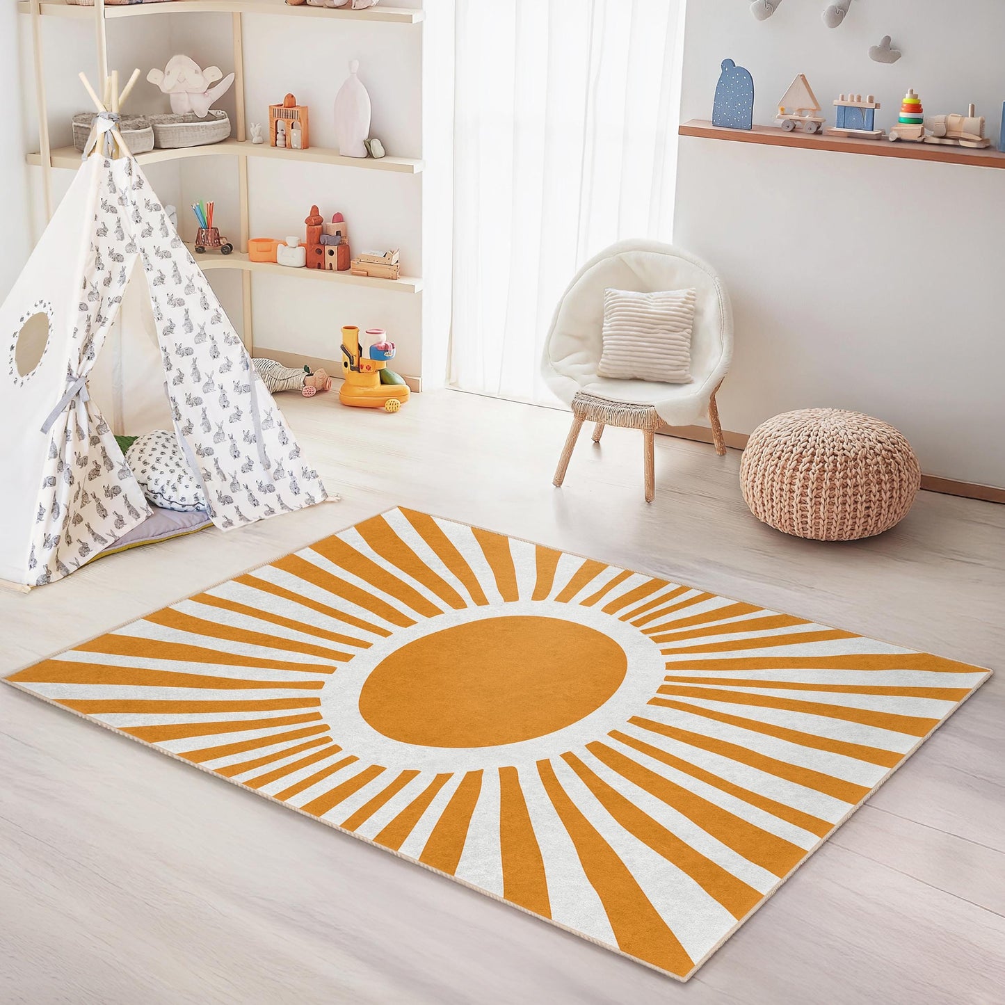 Sunburst Kids Room Rug, Yellow Sun Design Rectangle Rug, Nursery Decor, Playroom Carpet, Soft Children's Rug, Bright Room Accent
