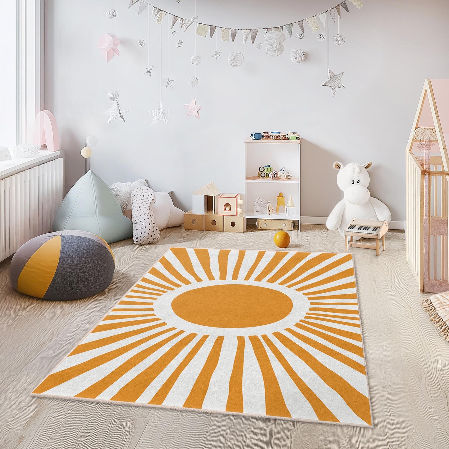 Sunburst Kids Room Rug, Yellow Sun Design Rectangle Rug, Nursery Decor, Playroom Carpet, Soft Children's Rug, Bright Room Accent