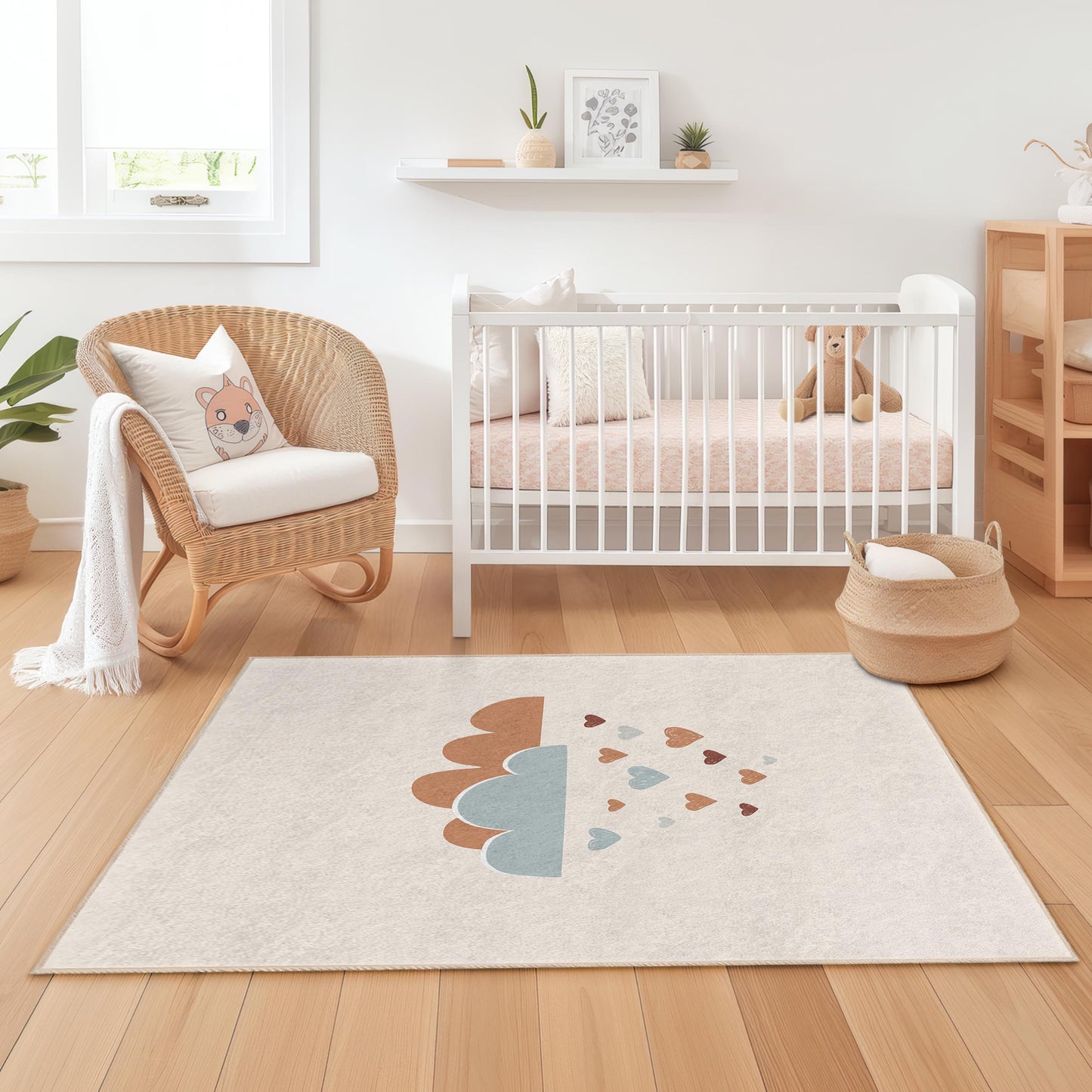Clouds and Hearts Rectangular Kids Rug, Cute Nursery Carpet, Playroom Decor, Soft Children's Rug, Adorable Kids Bedroom Rug