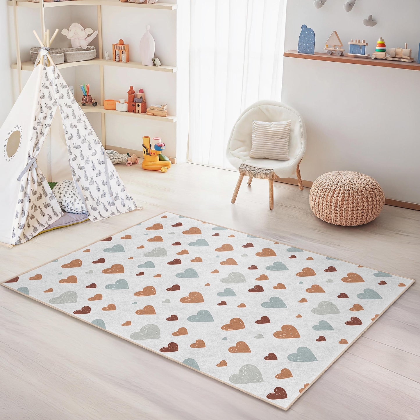 Heart Pattern Rectangular Kids Rug, Soft Nursery Rug, Cute Heart Decor for Kids Room, Playroom Carpet, Baby Room Rug