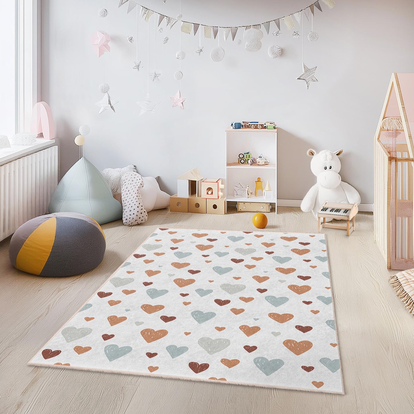 Heart Pattern Rectangular Kids Rug, Soft Nursery Rug, Cute Heart Decor for Kids Room, Playroom Carpet, Baby Room Rug