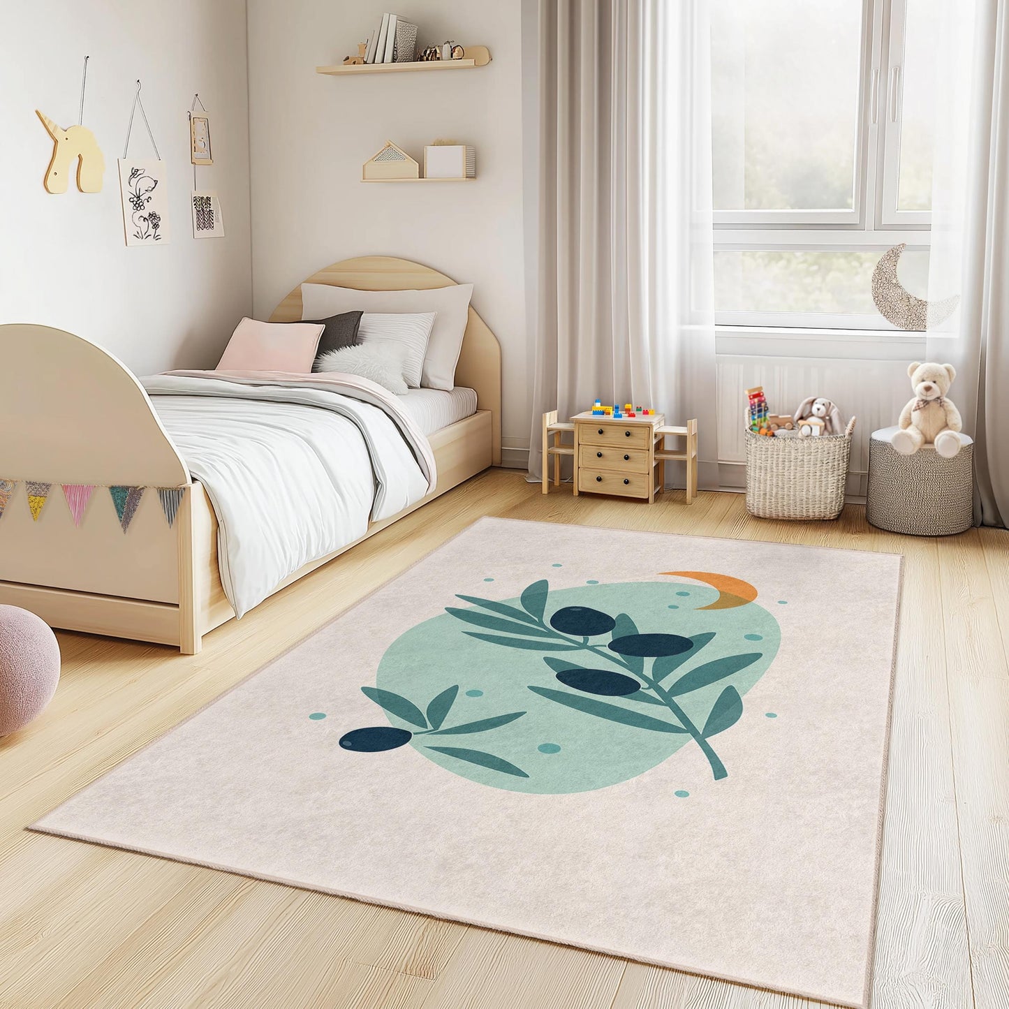 Olive Branch Abstract Design Rug, Rectangular Area Rug for Kids Room, Soft Decorative Carpet for Playroom, Nursery Decor