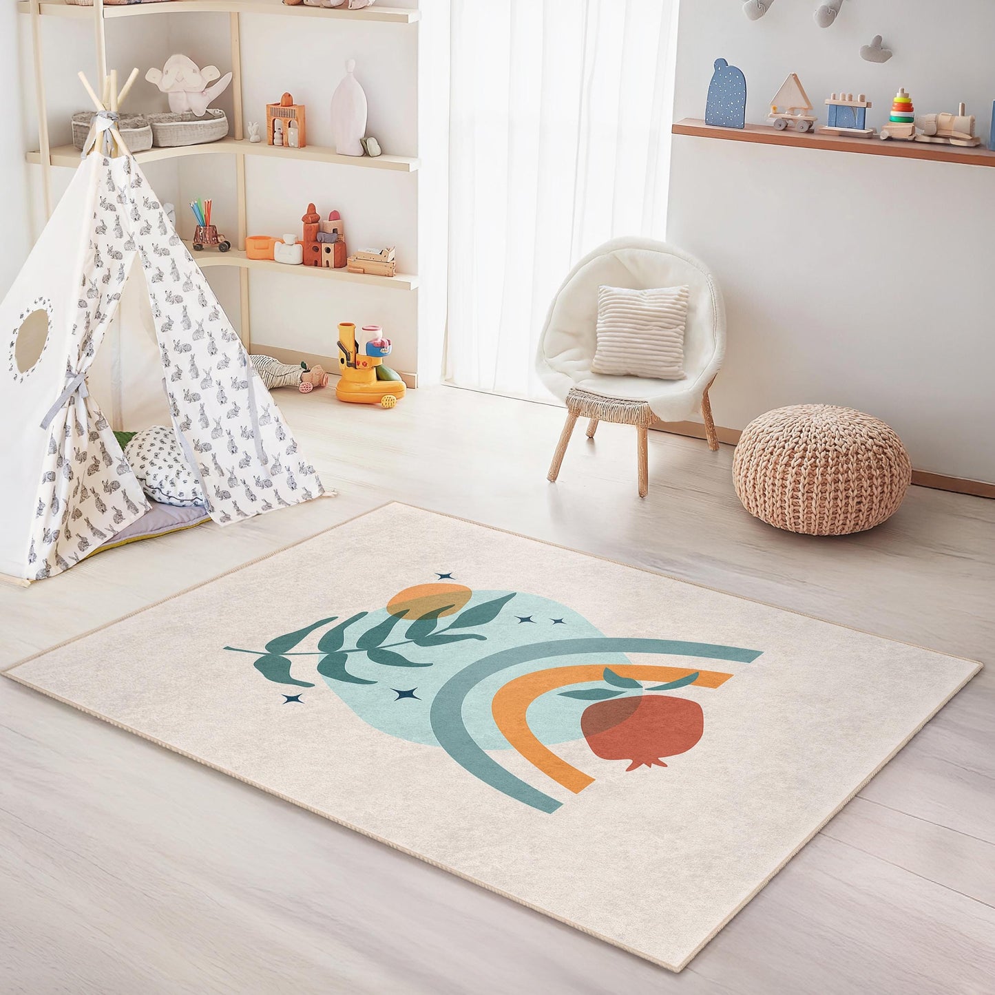 Colorful Rainbow and Leaf Pattern Rectangular Kids Rug, Playroom Carpet, Nursery Decor, Child's Room Area Rug, Vibrant Kids Carpet