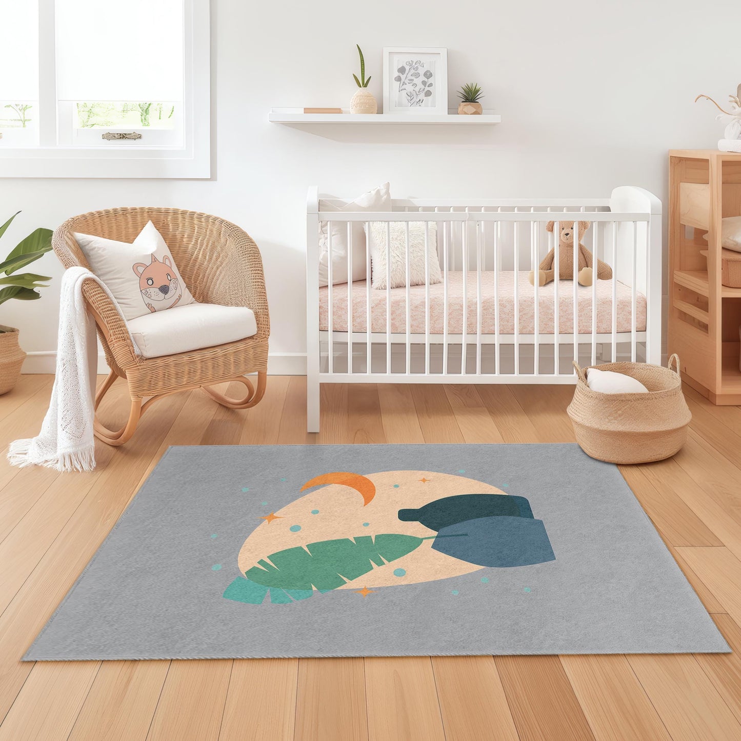 Abstract Leaf and Vase Rectangular Kids Room Rug, Modern Nursery Decor, Playroom Carpet, Stylish Home Accent