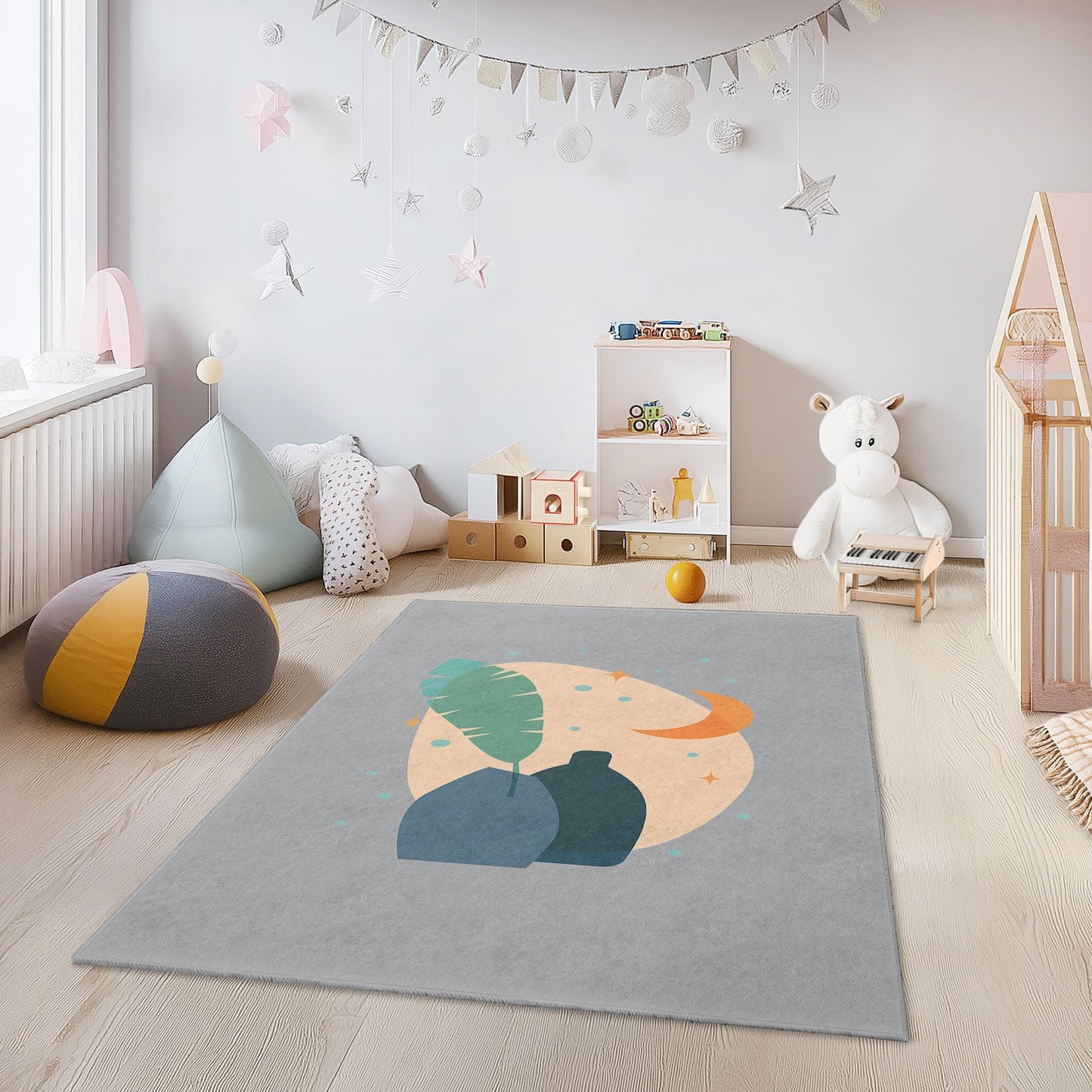 Abstract Leaf and Vase Rectangular Kids Room Rug, Modern Nursery Decor, Playroom Carpet, Stylish Home Accent