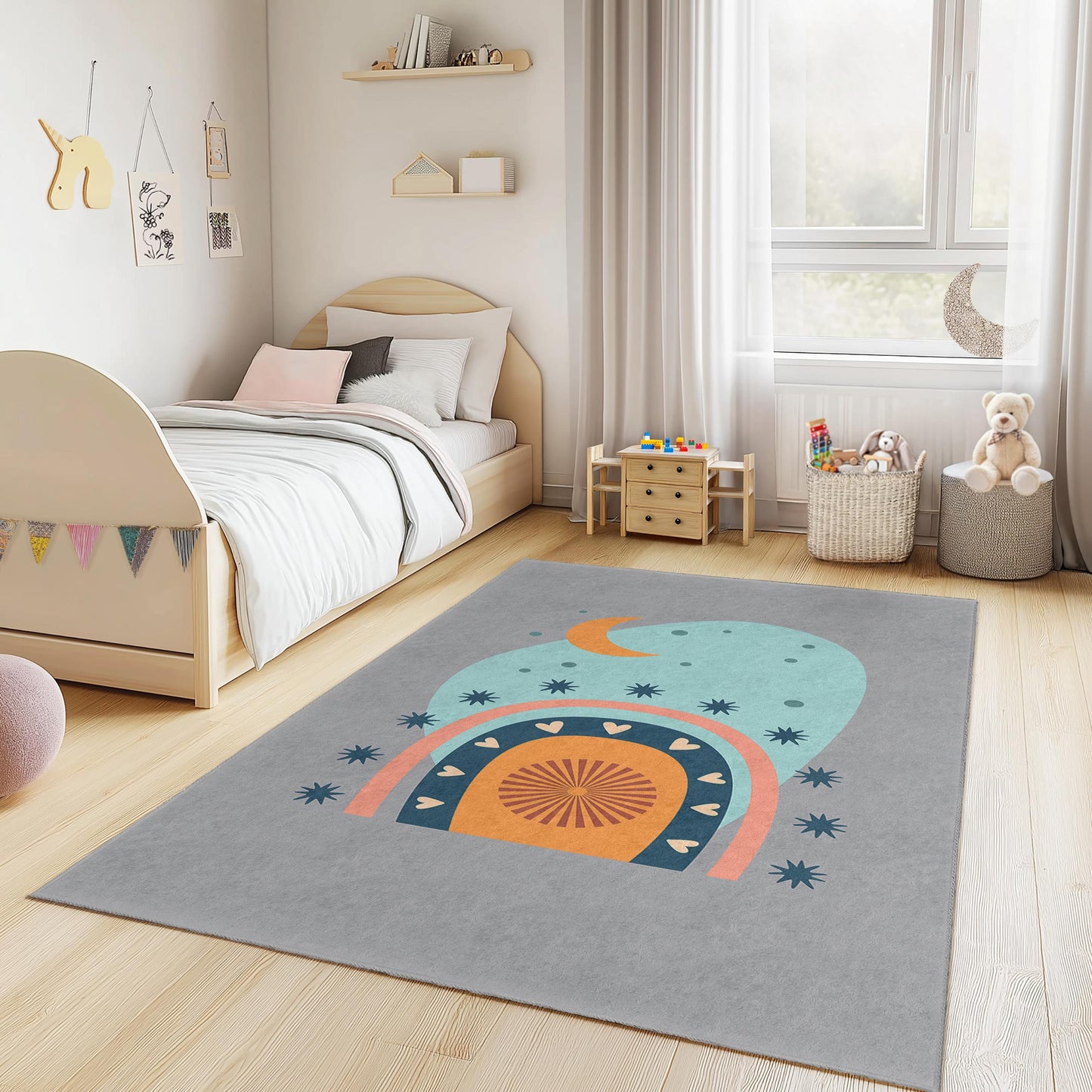 Colorful Rainbow and Stars Rectangular Kids Rug, Playful Nursery Carpet, Soft Kids Room Decor, Unique Children Mat