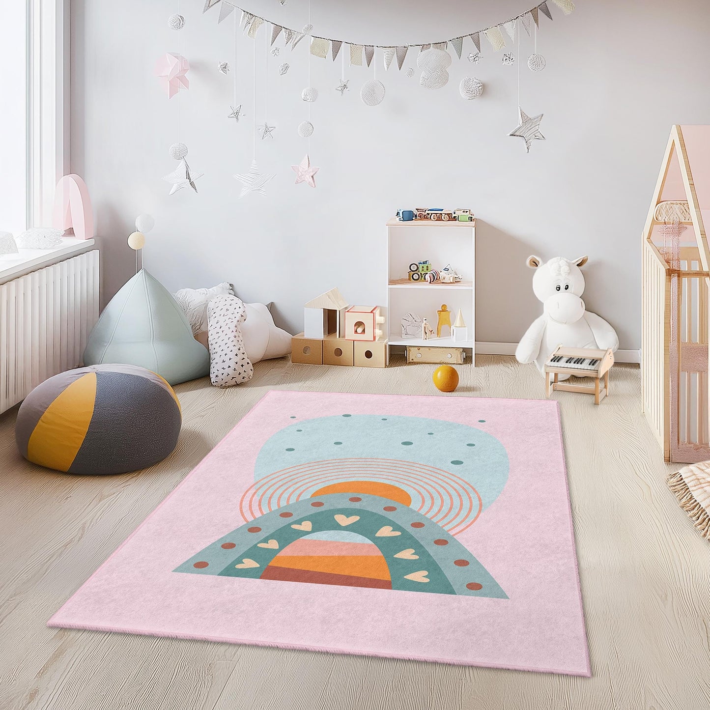 Rainbow Arched Kids Room Rug, Colorful Playroom Carpet, Rectangle Nursery Rug, Soft Childrens Room Decor, Vibrant Kids Mat
