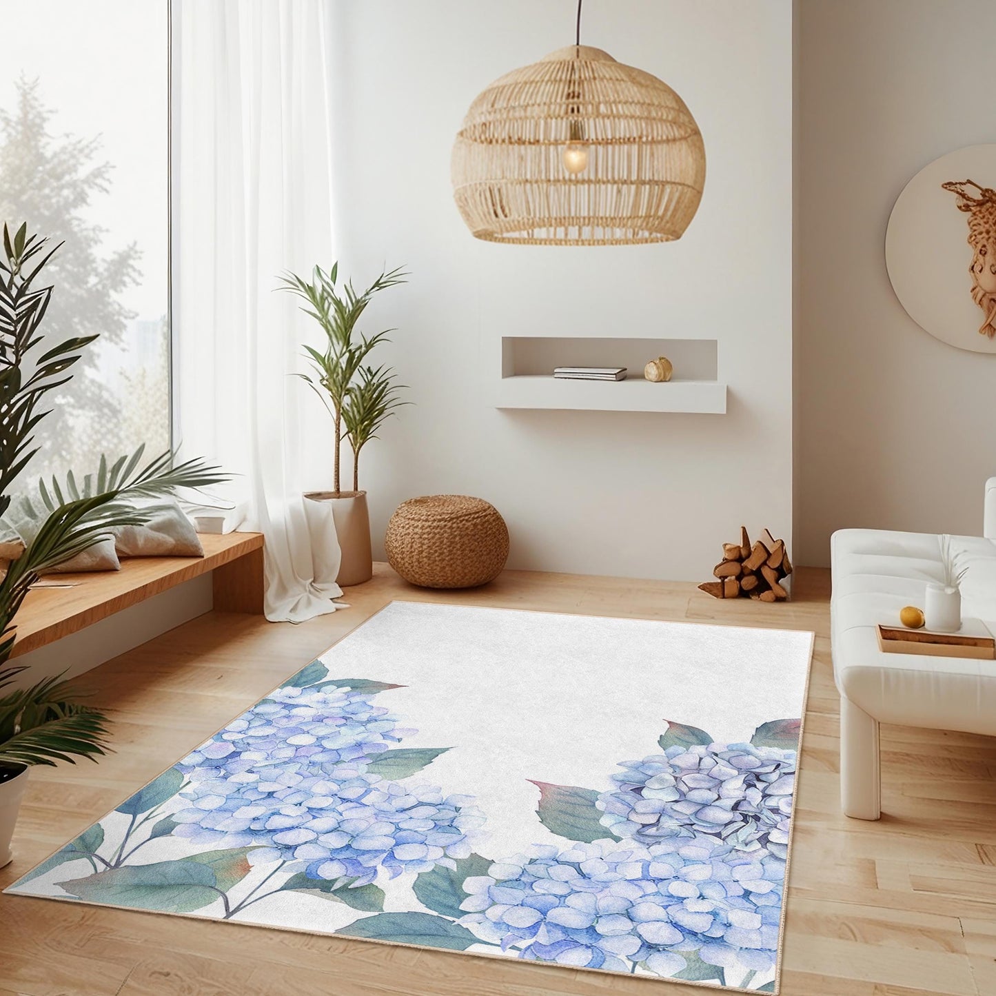 Elegant Blue Hydrangea Rectangular Area Rug, Floral Design Living Room Carpet, Home Decor Rug, Bedroom Accent Rug