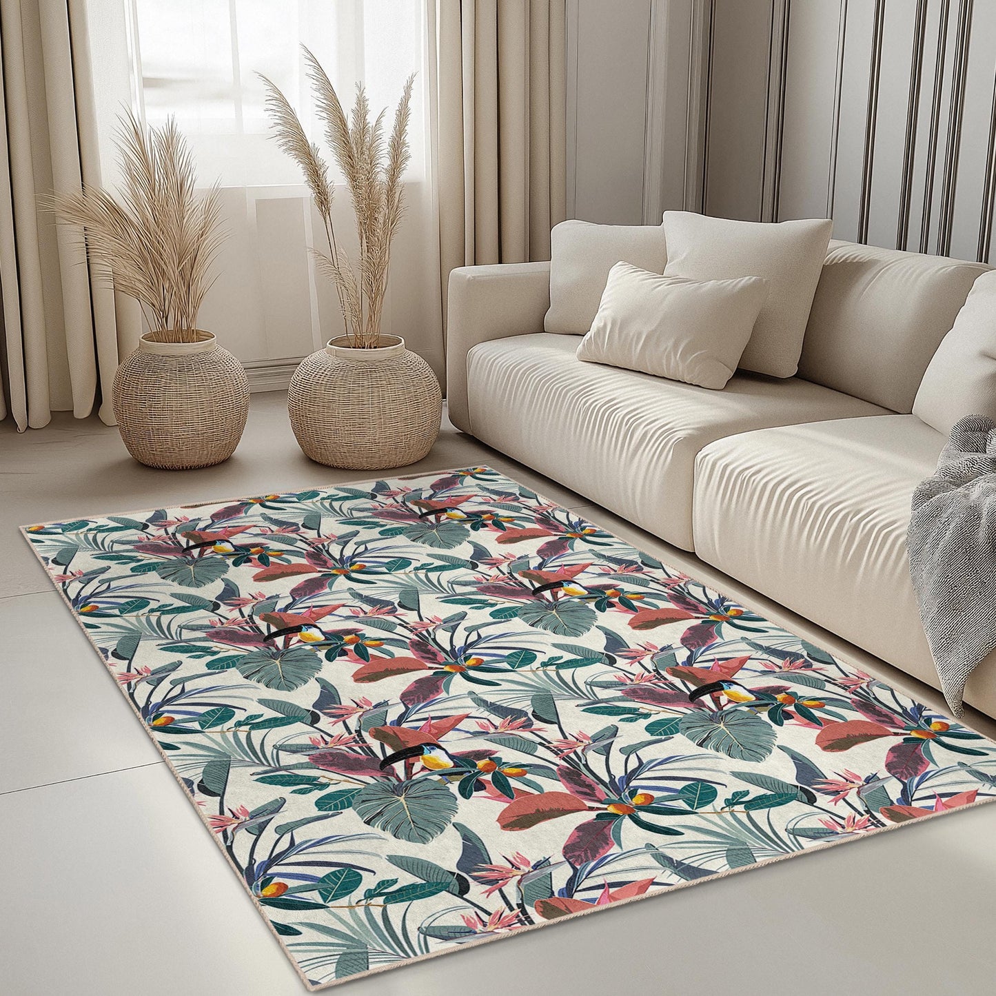 Tropical Floral Pattern Rectangular Area Rug, Boho Chic Home Decor, Indoor Carpet for Living Room, Kitchen, Bedroom, and Office