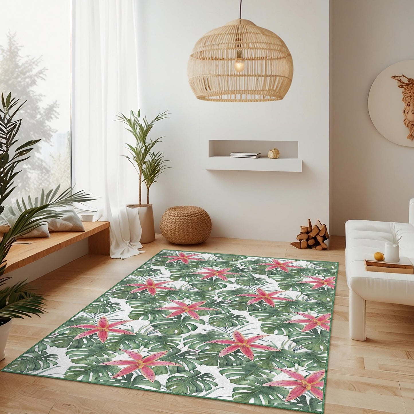Tropical Floral Rectangle Area Rug, Monstera Leaf and Pink Flower Design, Indoor Carpet, Home Decor, Living Room Rug, Boho Chic Rug