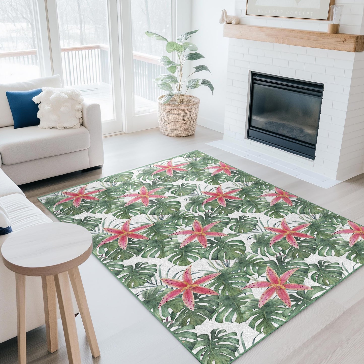 Tropical Floral Rectangle Area Rug, Monstera Leaf and Pink Flower Design, Indoor Carpet, Home Decor, Living Room Rug, Boho Chic Rug