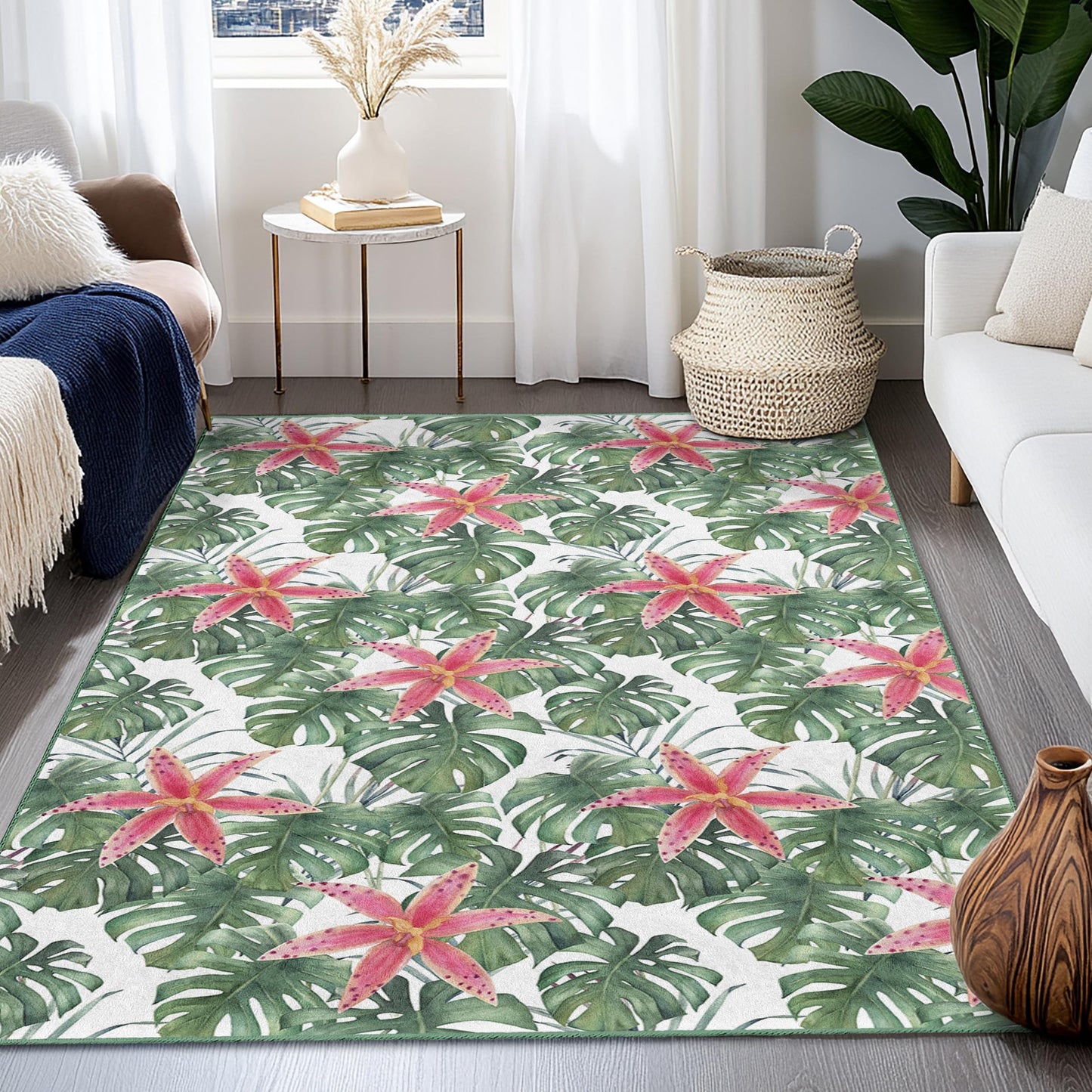 Tropical Floral Rectangle Area Rug, Monstera Leaf and Pink Flower Design, Indoor Carpet, Home Decor, Living Room Rug, Boho Chic Rug