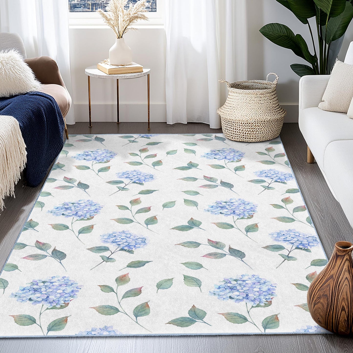 Elegant Blue Hydrangea Rectangular Area Rug, Floral Pattern Rug for Living Room, Soft Carpet for Home Decor, Flower Design Mat