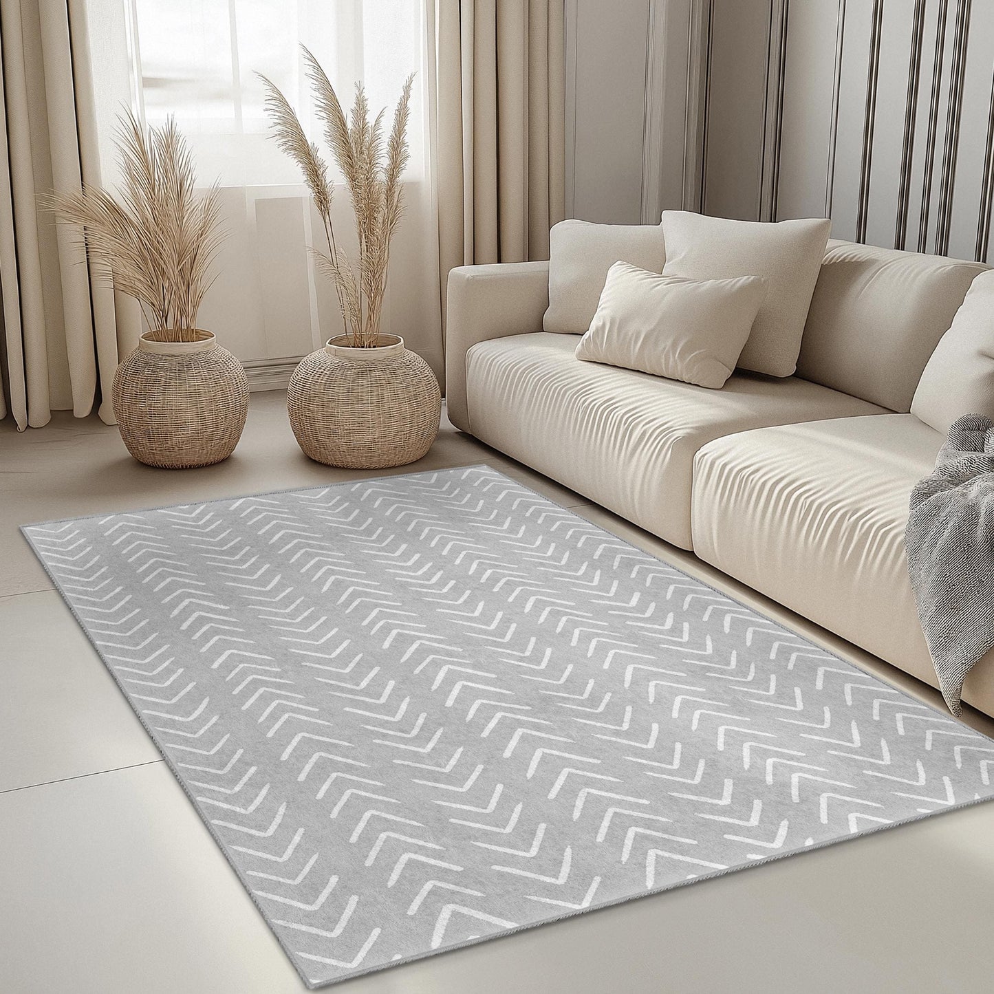 Chevron Pattern Rectangle Area Rug, Modern Grey and White Carpet, Stylish Living Room Rug, Elegant Home Decor, Soft Floor Mat