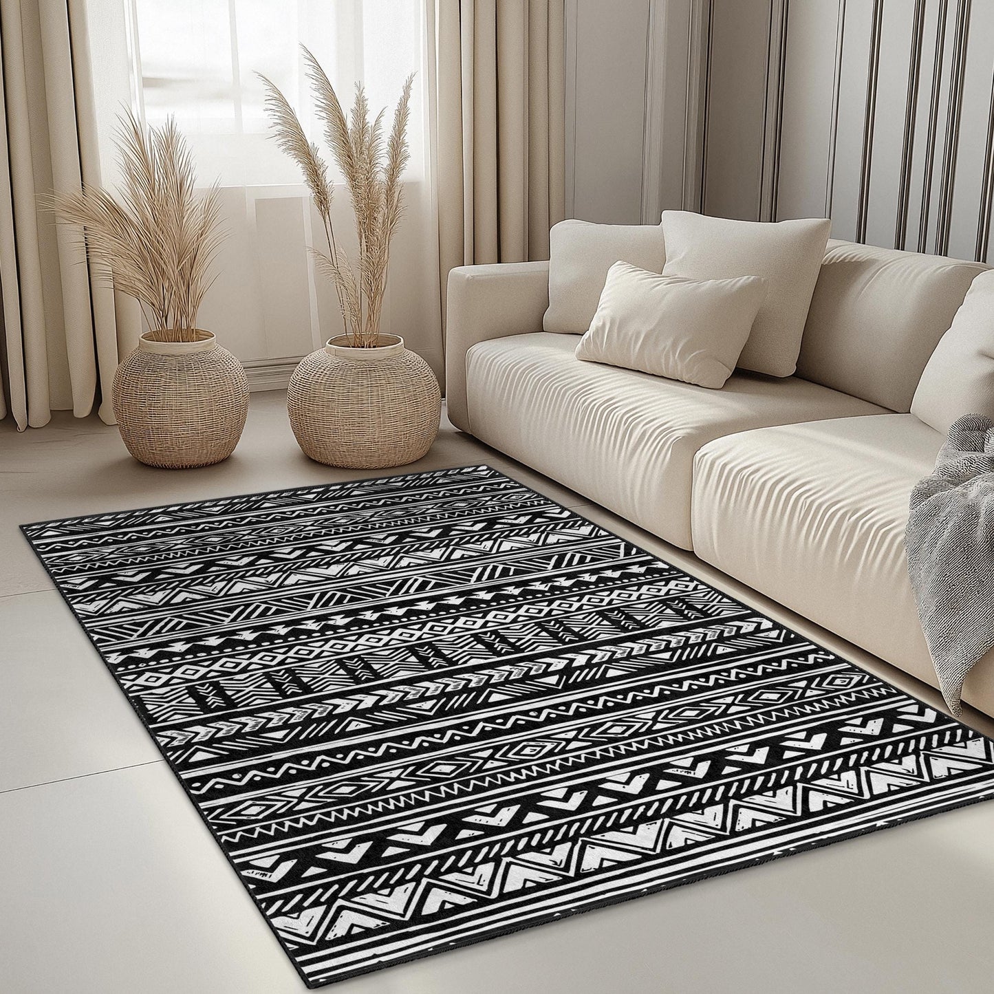 Black and White Geometric Patterned Rectangle Rug, Modern Boho Area Rug, Stylish Living Room Carpet, Decorative Floor Mat