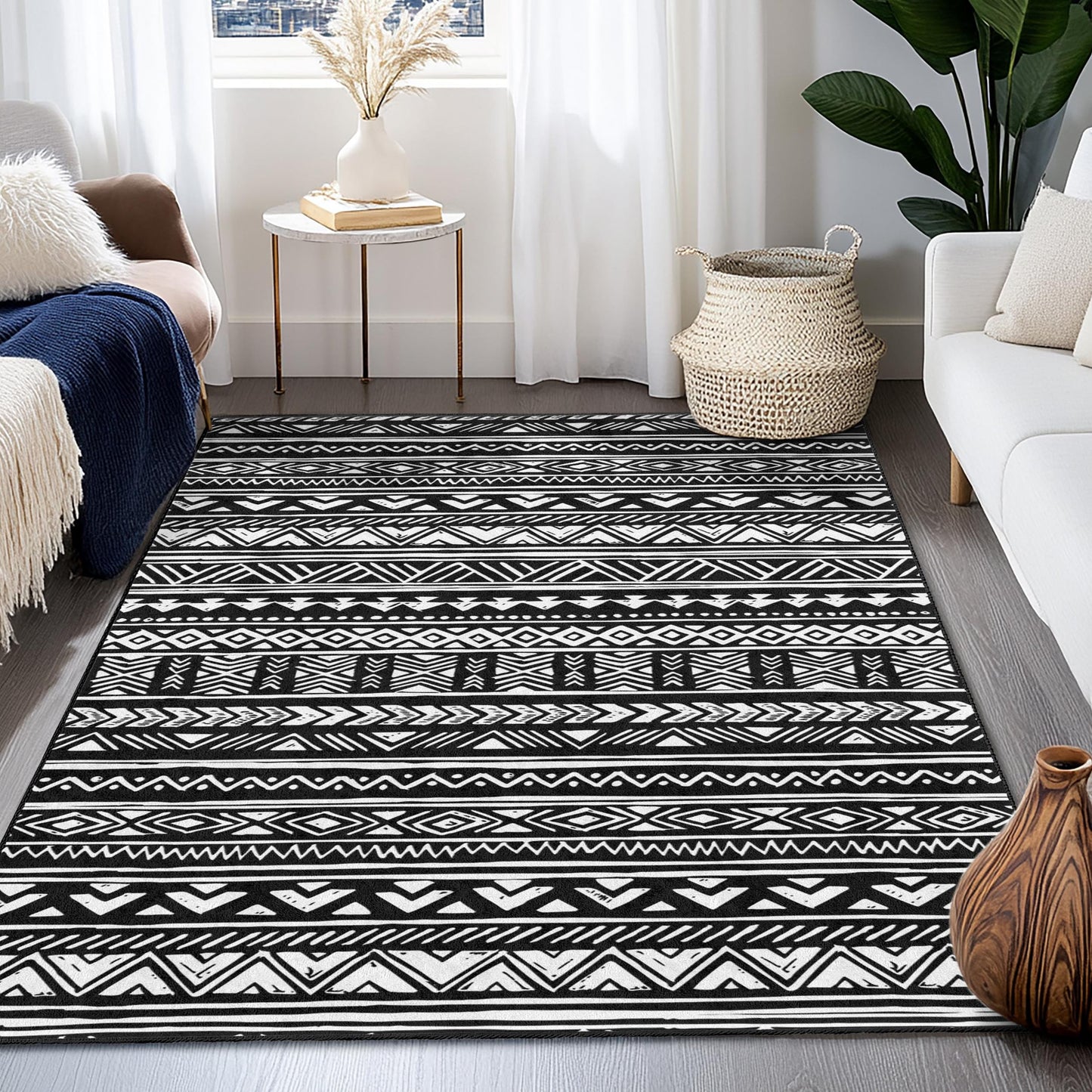 Black and White Geometric Patterned Rectangle Rug, Modern Boho Area Rug, Stylish Living Room Carpet, Decorative Floor Mat