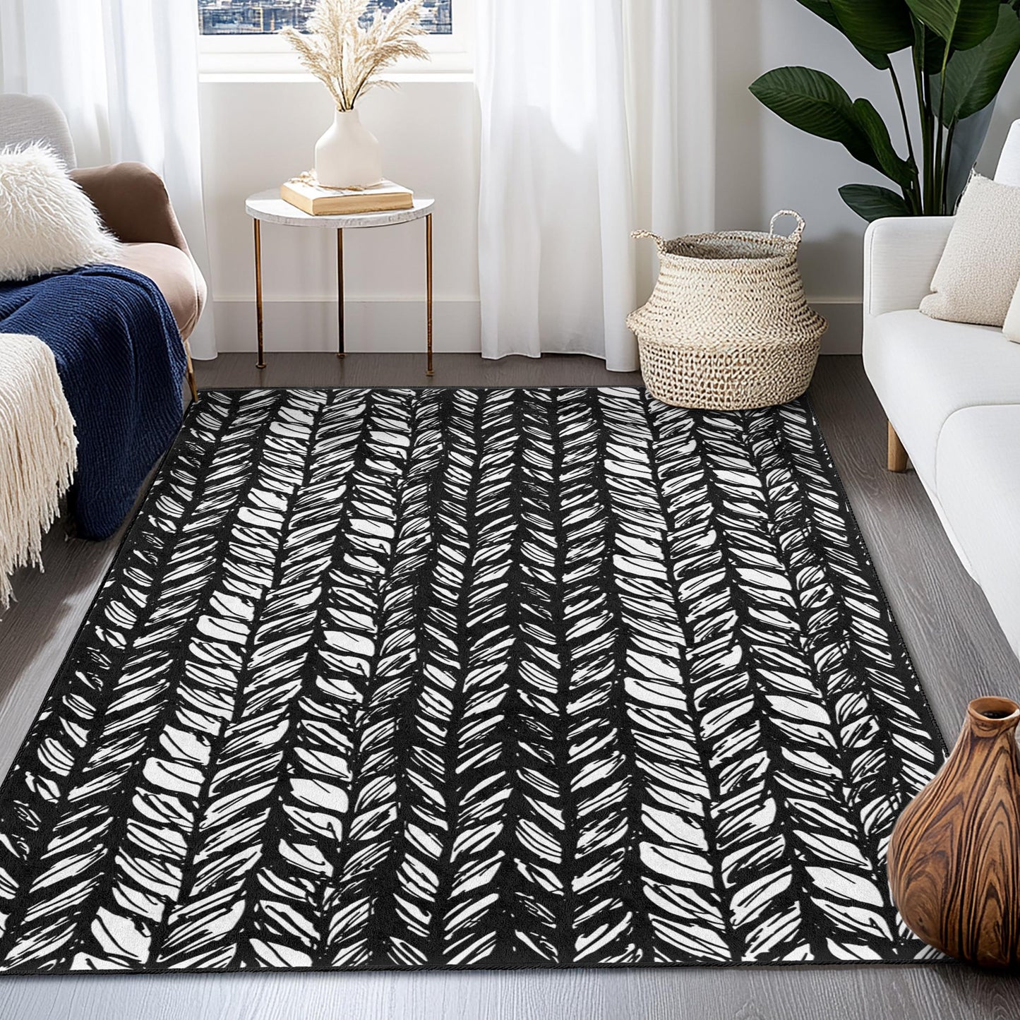 Stylish Black and White Leaf Pattern Rectangular Area Rug, Modern Home Decor Rug, Nature-Inspired Carpet for Living Room