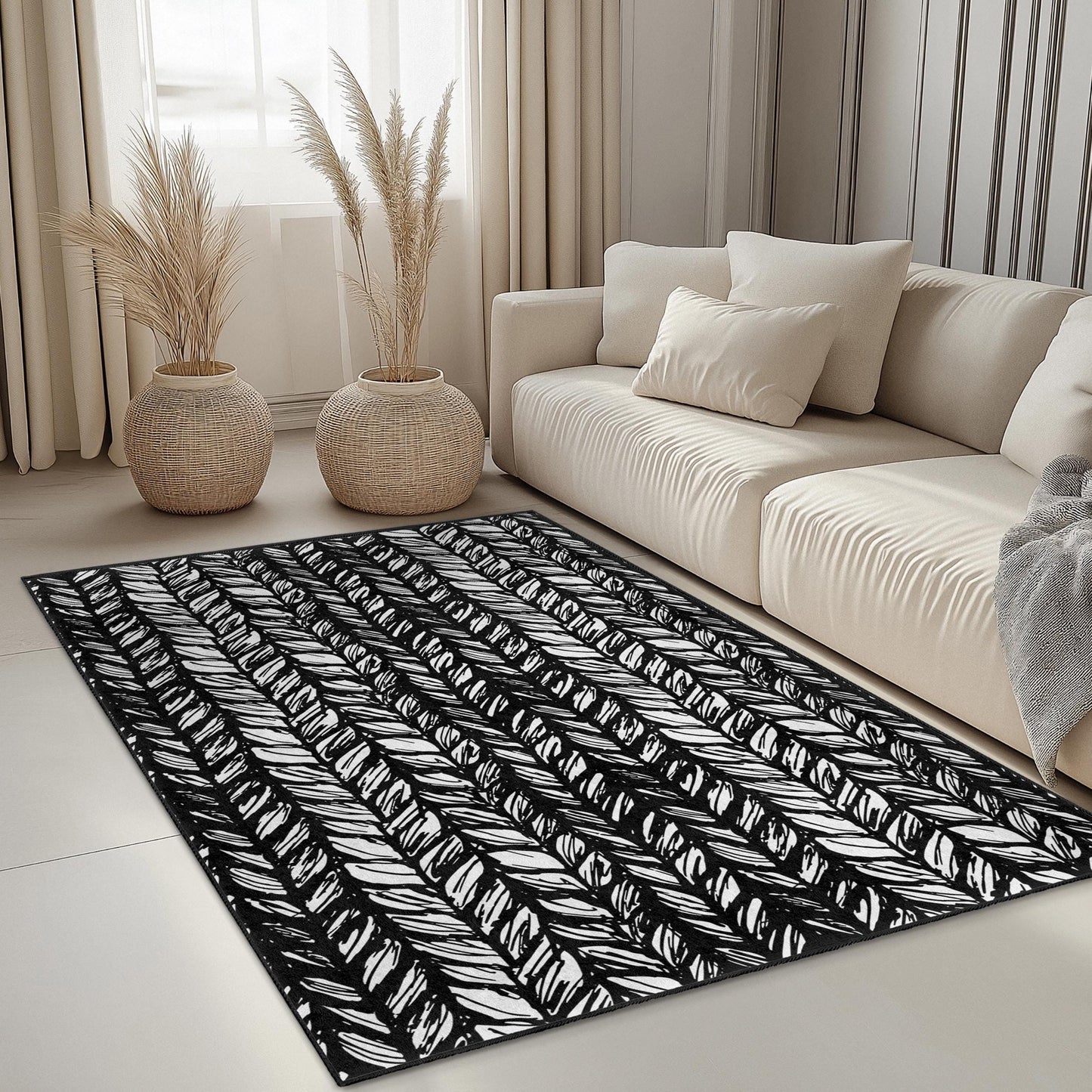Stylish Black and White Leaf Pattern Rectangular Area Rug, Modern Home Decor Rug, Nature-Inspired Carpet for Living Room