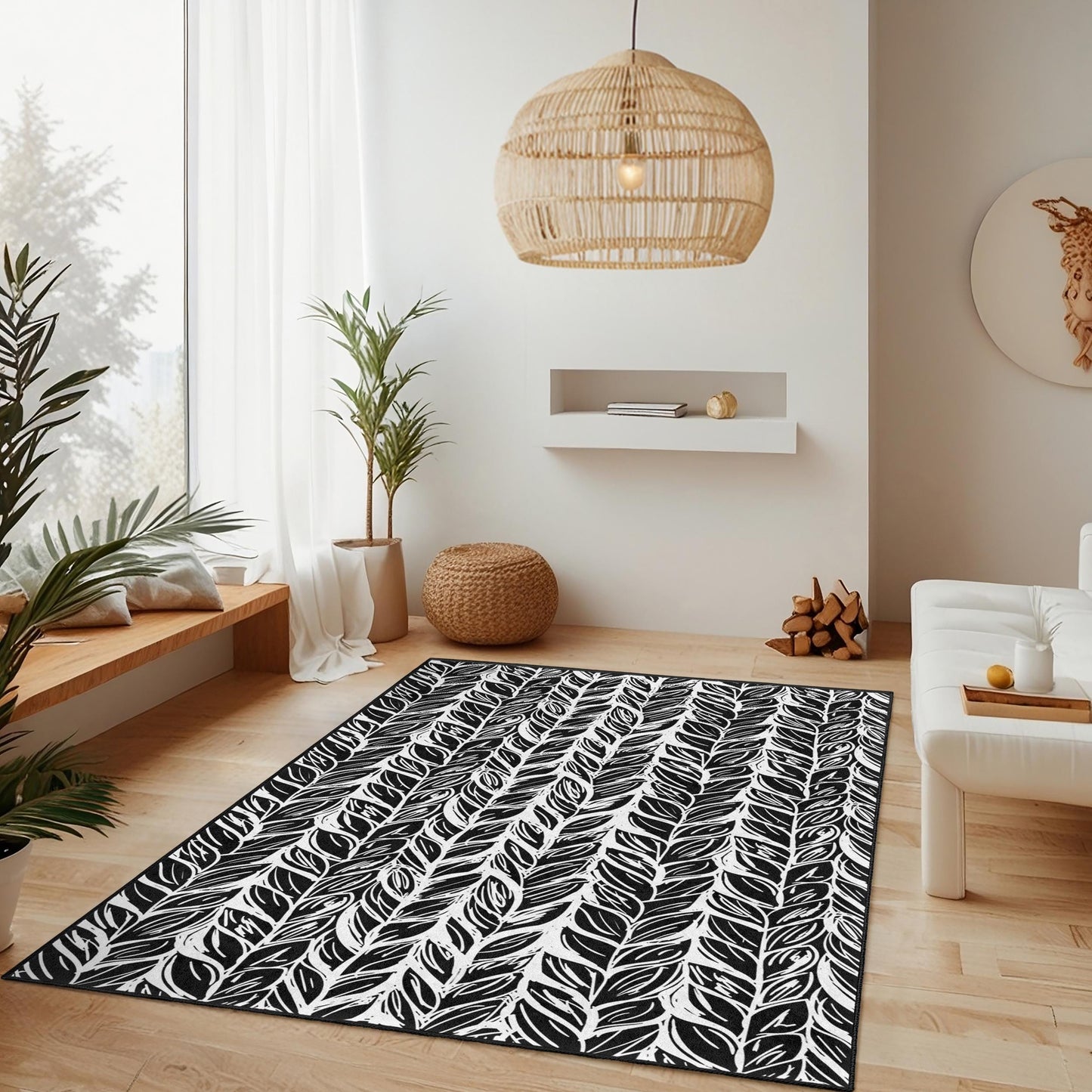 Leaf Pattern Rectangular Area Rug, Black and White Leaf Design, Stylish Rug for Living Room, Modern Home Decor, Indoor Carpet