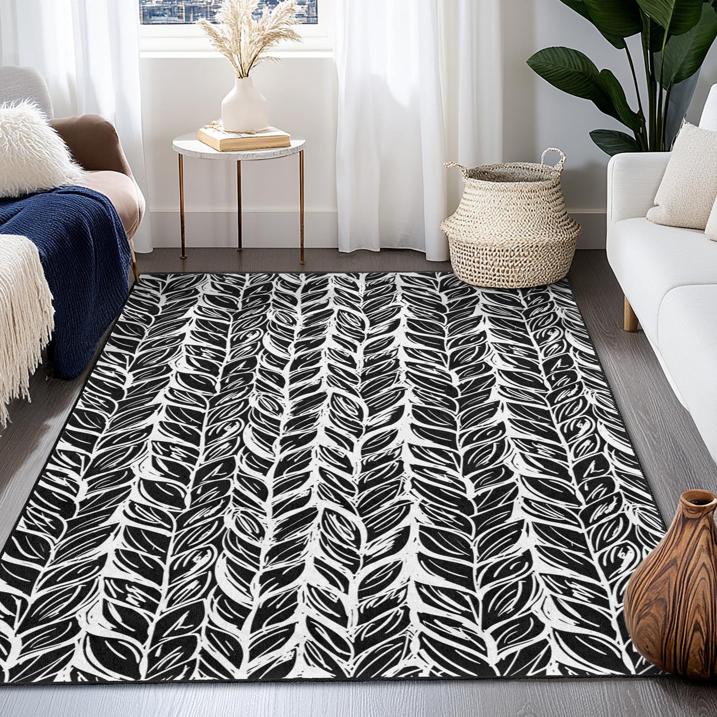 Leaf Pattern Rectangular Area Rug, Black and White Leaf Design, Stylish Rug for Living Room, Modern Home Decor, Indoor Carpet