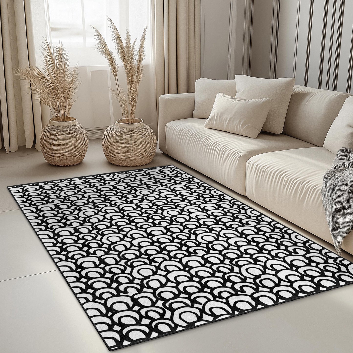 Modern Black and White Abstract Rectangle Rug, Stylish Area Rug for Home Decor, Chic Living Room Carpet, Contemporary Floor Mat
