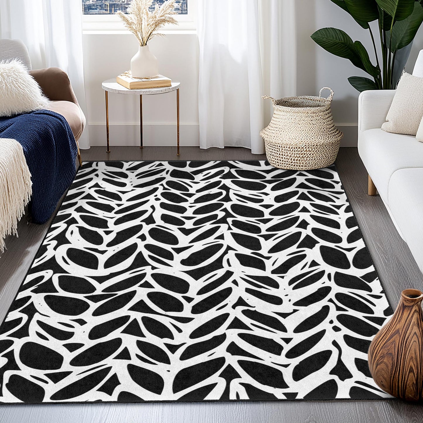 Stylish Black and White Leaf Pattern Rectangular Rug, Modern Home Decor, Area Rug, Living Room Carpet, Indoor Floor Mat