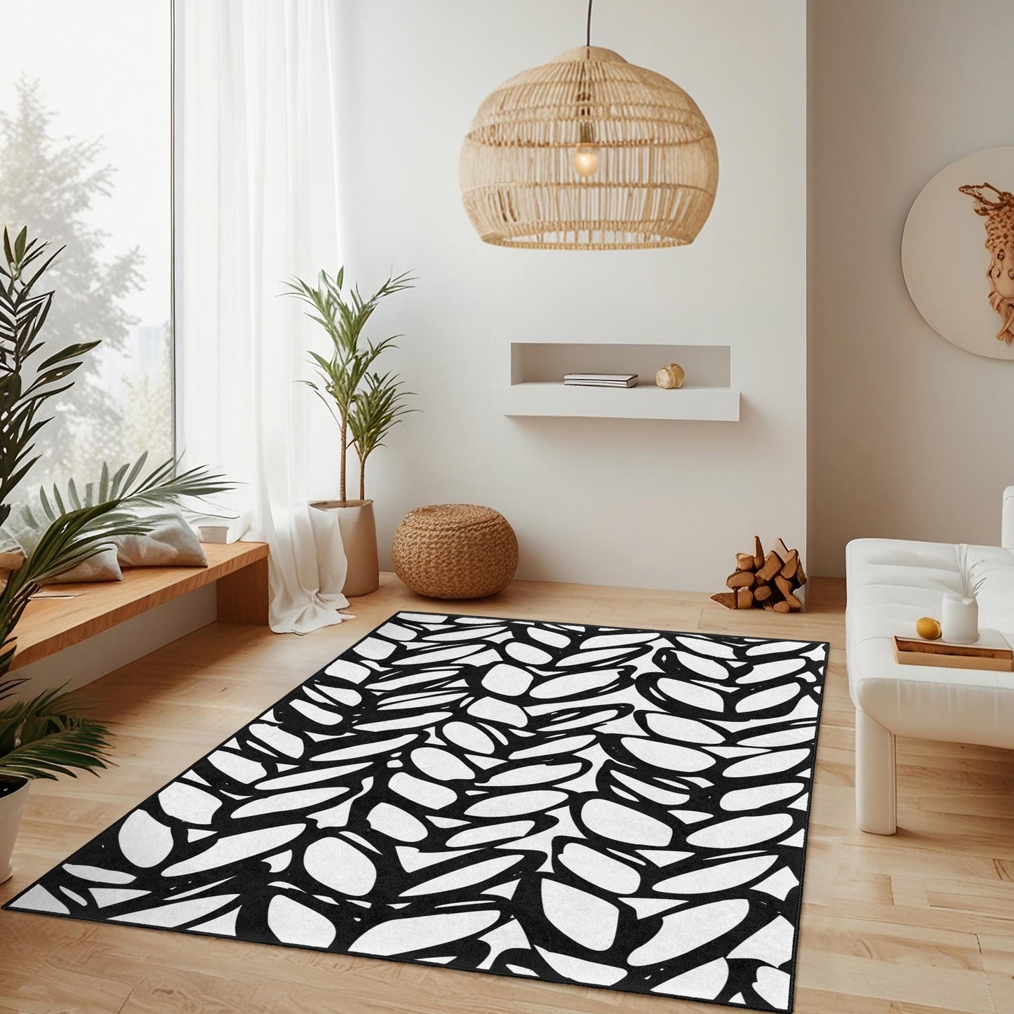 Elegant Black and White Leaf Pattern Rectangular Area Rug, Modern Home Decor, Stylish Living Room Carpet, Chic Bedroom Rug