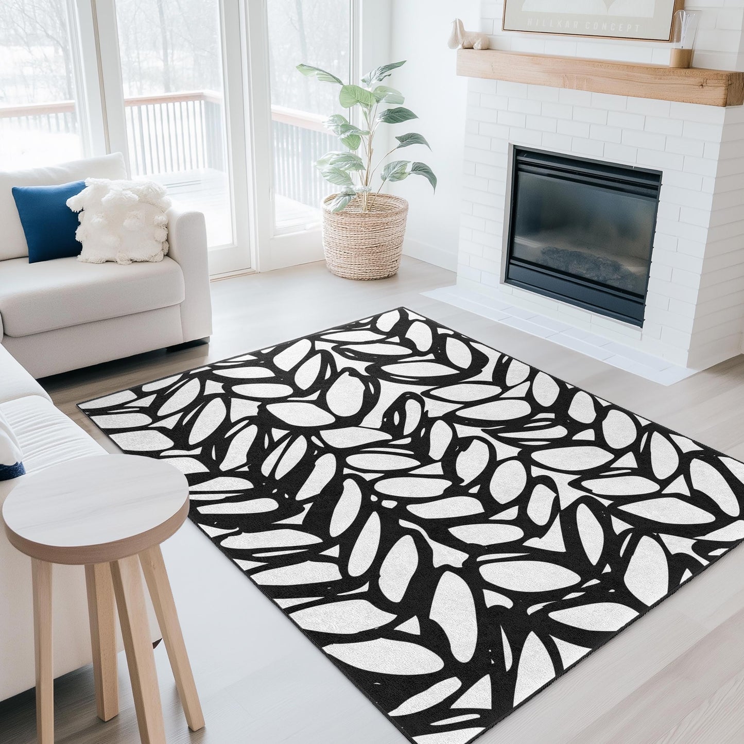 Elegant Black and White Leaf Pattern Rectangular Area Rug, Modern Home Decor, Stylish Living Room Carpet, Chic Bedroom Rug