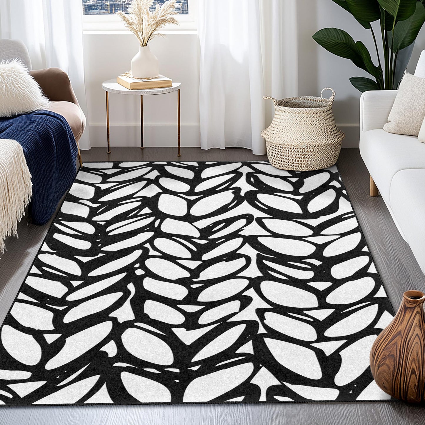Elegant Black and White Leaf Pattern Rectangular Area Rug, Modern Home Decor, Stylish Living Room Carpet, Chic Bedroom Rug