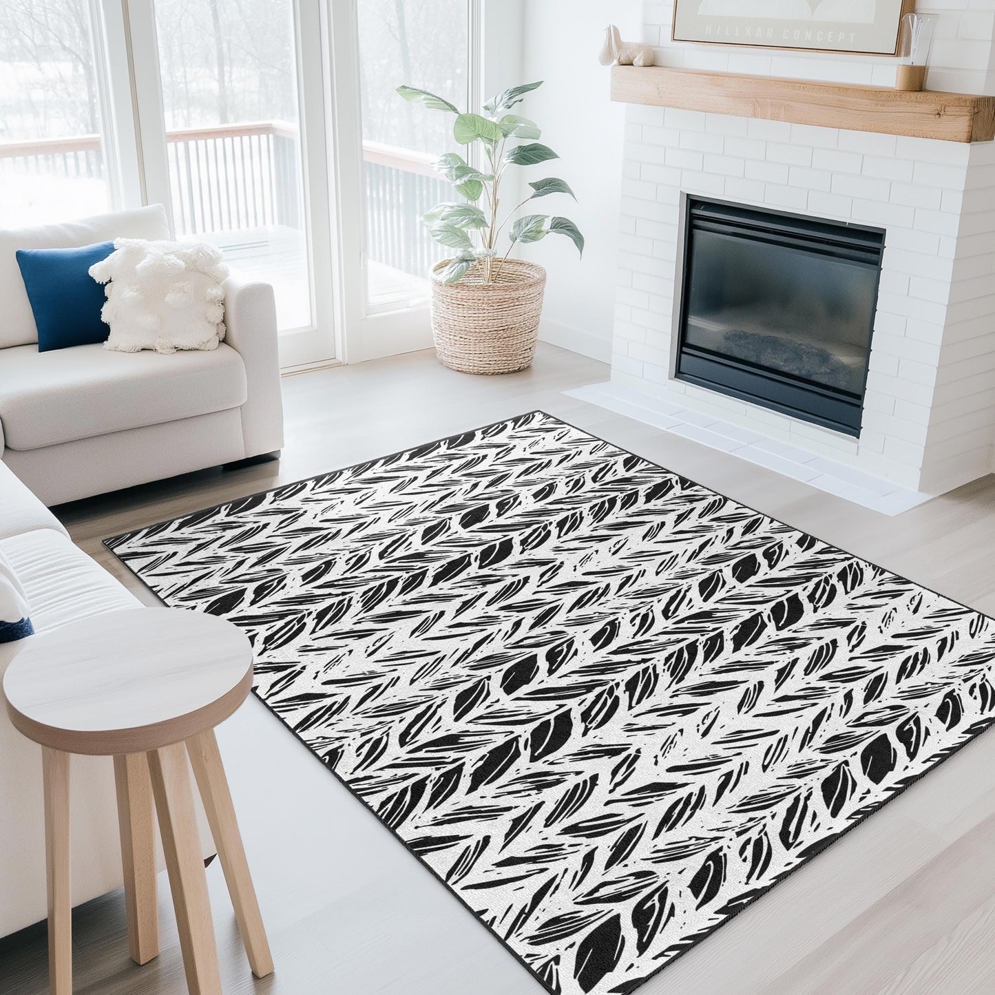 Stylish Black and White Leaf Pattern Rectangular Rug, Modern Home Decor Rug, Area Rug for Living Room and Bedroom