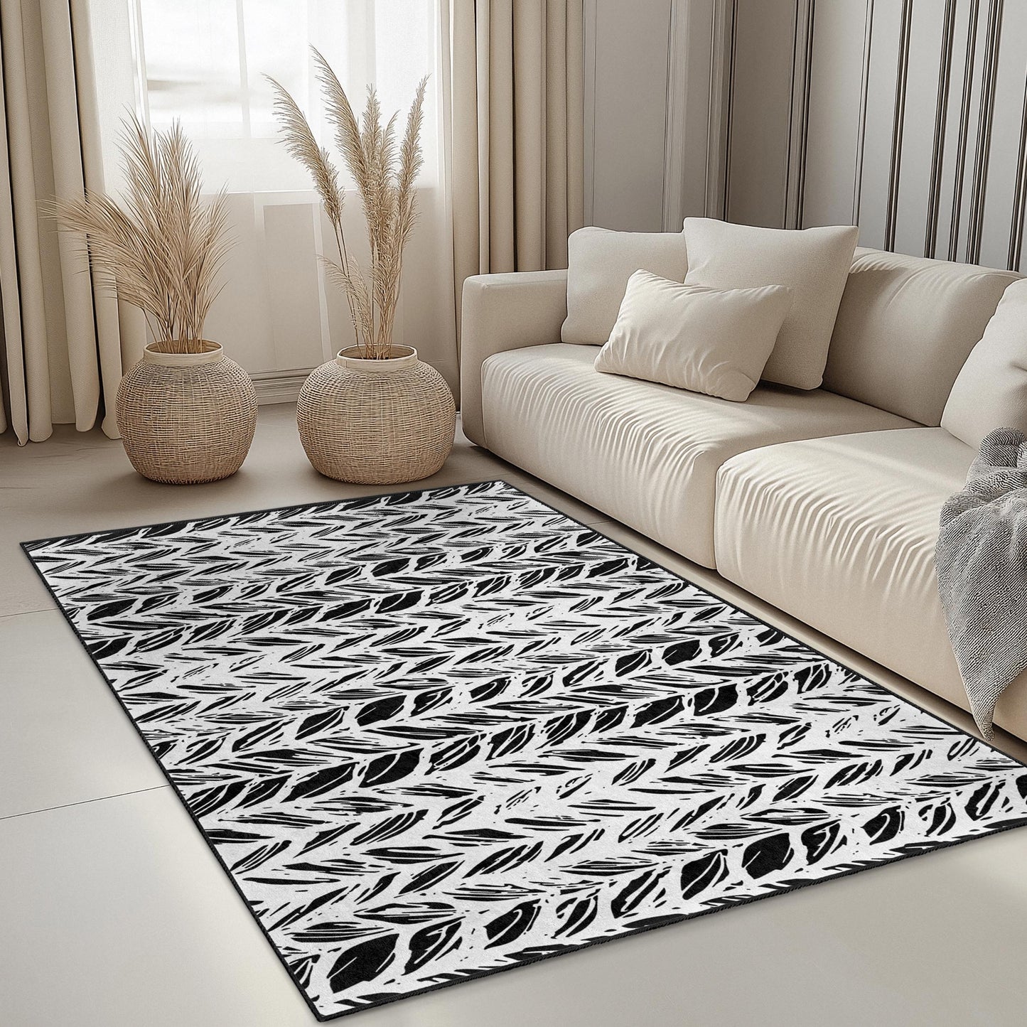 Stylish Black and White Leaf Pattern Rectangular Rug, Modern Home Decor Rug, Area Rug for Living Room and Bedroom